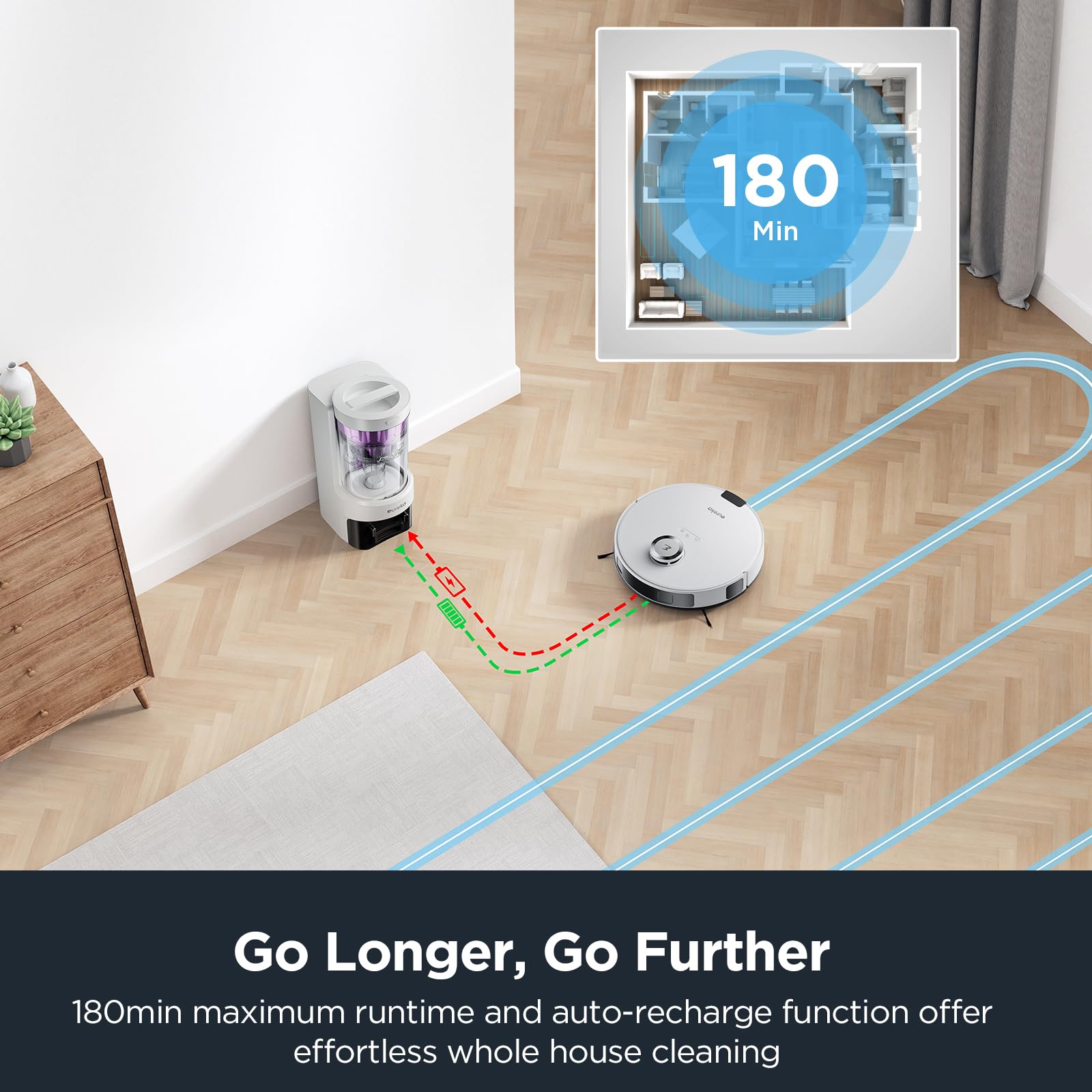 Eureka E10s Robot Vacuum and Mop Combo with Self-Emptying Station - 4000Pa Strong Suction for Pet Hair, Carpets & Hard Floors - 45-Day Capacity, Bagless Design, Auto-Lifting Mop, WiFi App Control (White) - Perfect for Smart Homes with Pets and Multi-Surface Cleaning