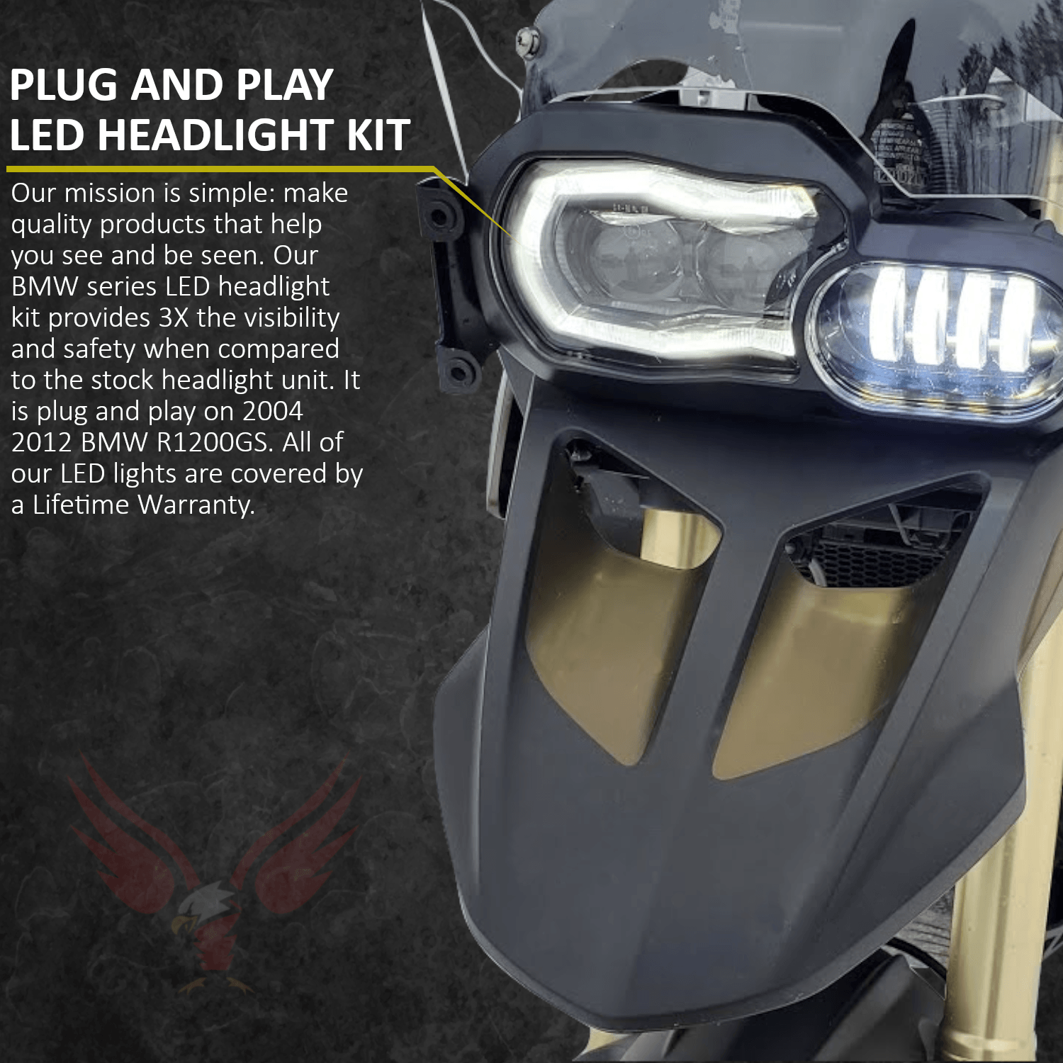 Eagle Lights LED Headlight Kit with Halo Ring for 2006-2012 BMW R1200GS Motorcycle - High Visibility & Style Upgrade for Night Riding & Adventure Tours