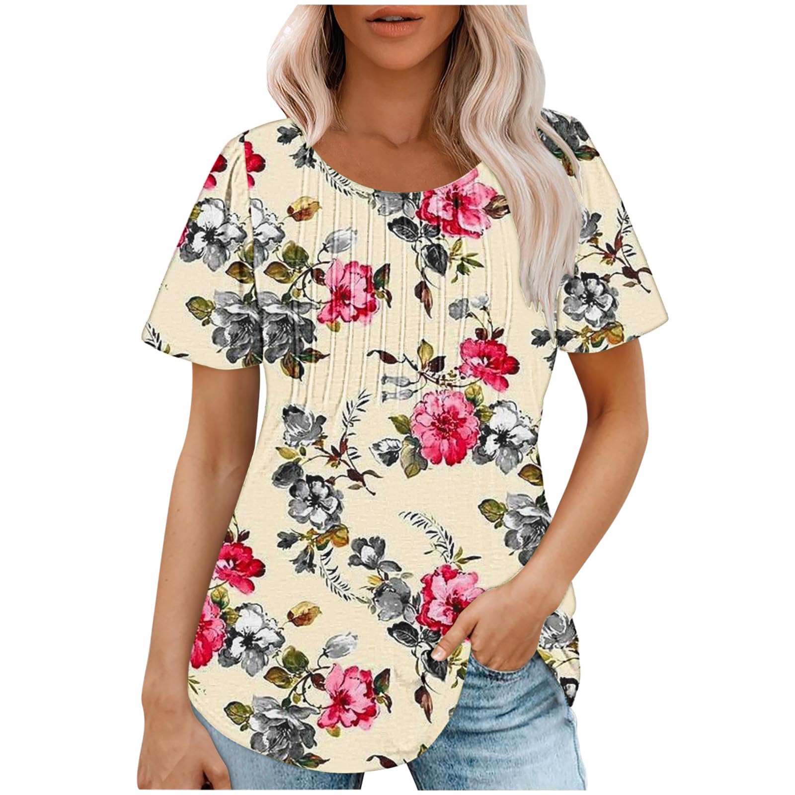 Women's Floral Pleated Scoop Neck Short Sleeve Blouse - Casual Summer Tunic Top for Ladies - Perfect for Office Wear, Date Nights & Weekend Outings