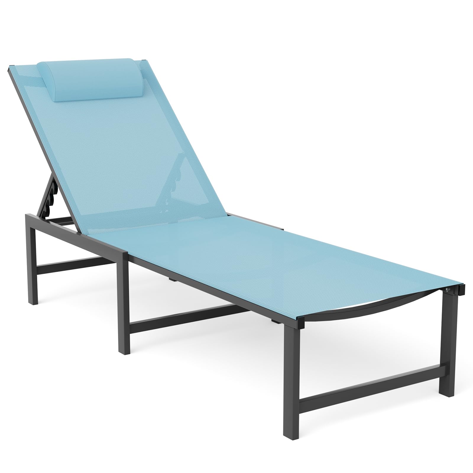 Outdoor Chaise Lounge Chair with Adjustable Backrest - Aluminum Patio Lounge Chair with Headrest Pillow - Perfect for Beach, Poolside & Backyard Relaxation (Blue)