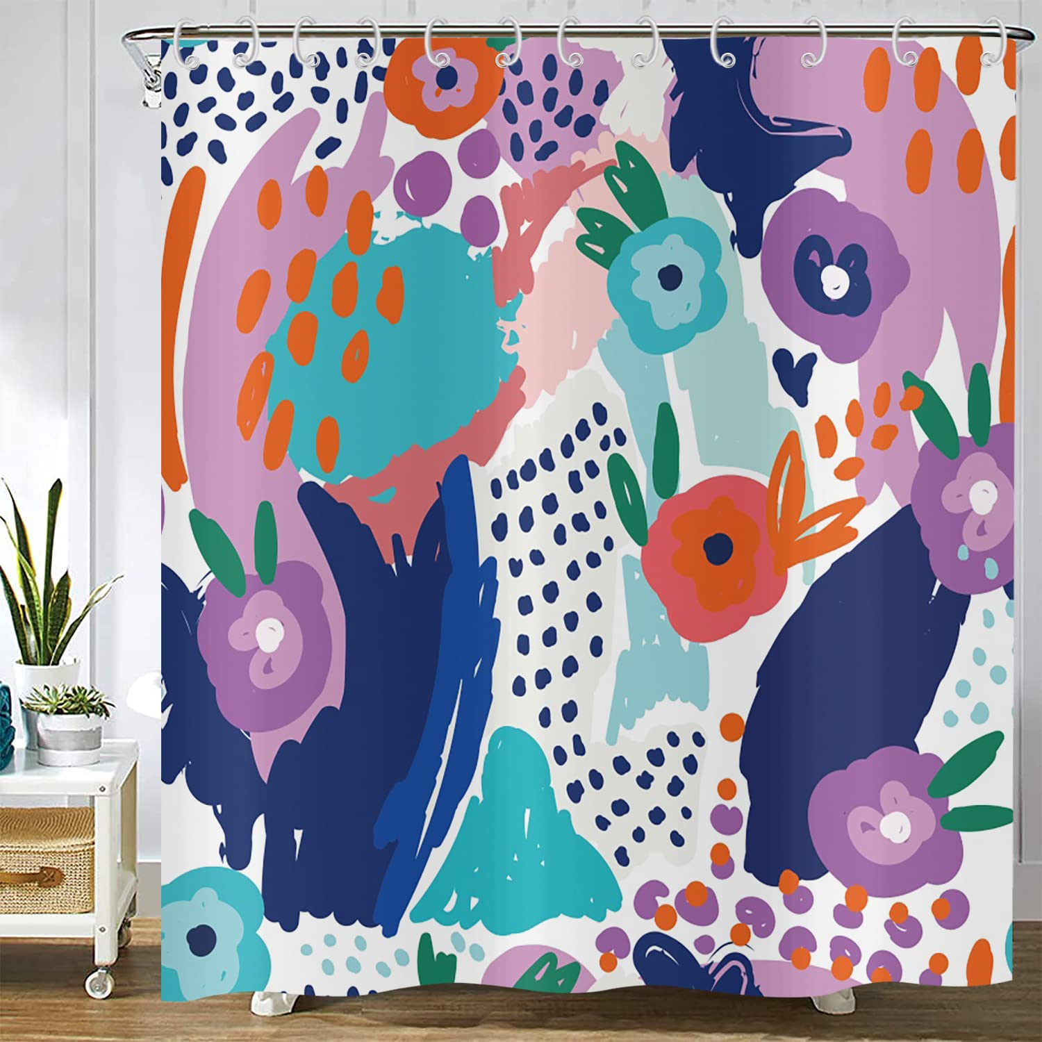GKLEASG Abstract Floral Shower Curtain - Colorful Boho Flower Bathroom Decor with Hooks, Waterproof Polyester Fabric, Machine Washable - Perfect for Modern, Vintage & Bohemian Style Bathrooms