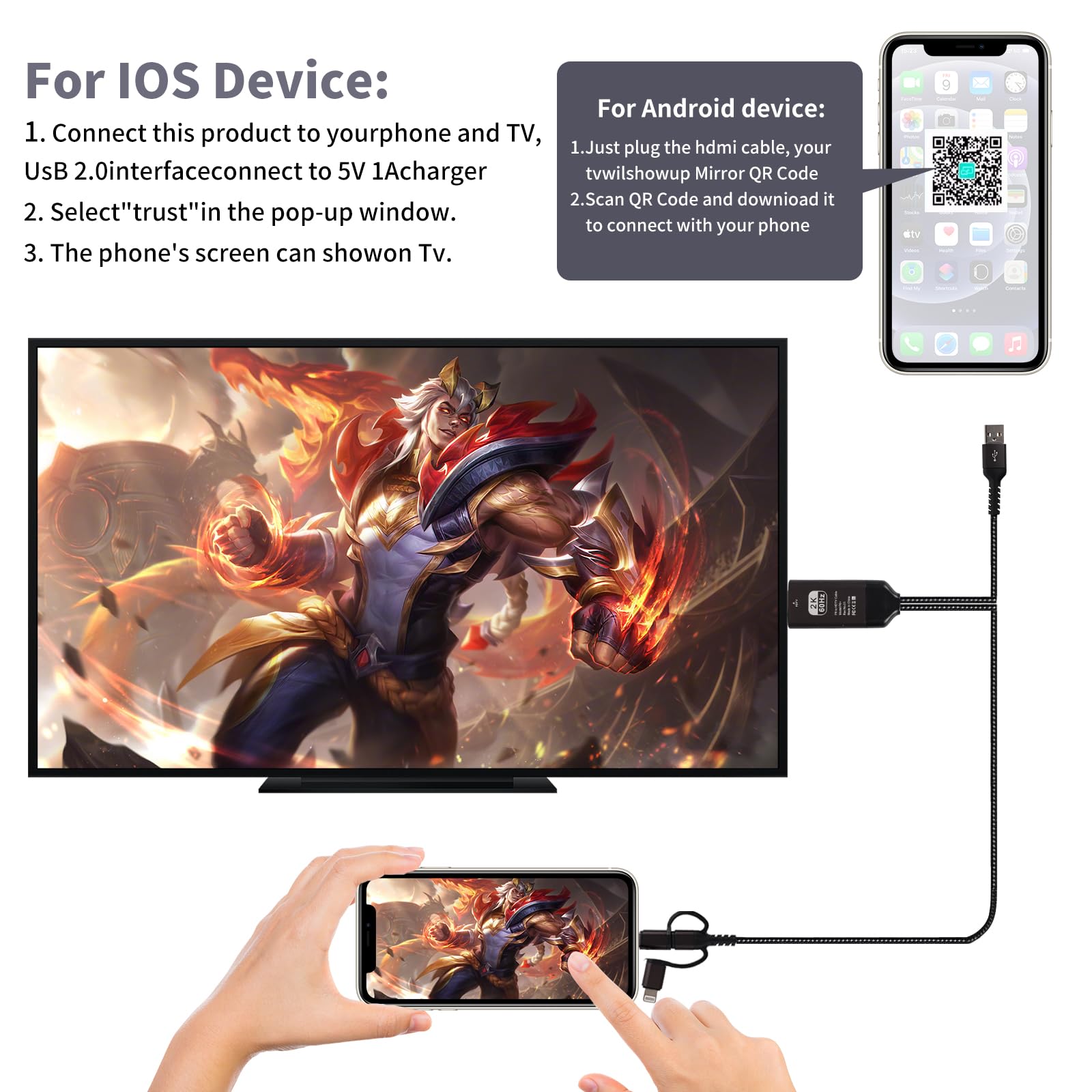 2K 60Hz HDMI Cable Adapter - 1080P Type C to TV Converter for Android Phone, 3-in-1 Multi-Function Plug & Play - Compatible with Roku TV, PS5, HDTV, Blu-ray - Perfect for Home Theater, Gaming & Presentations