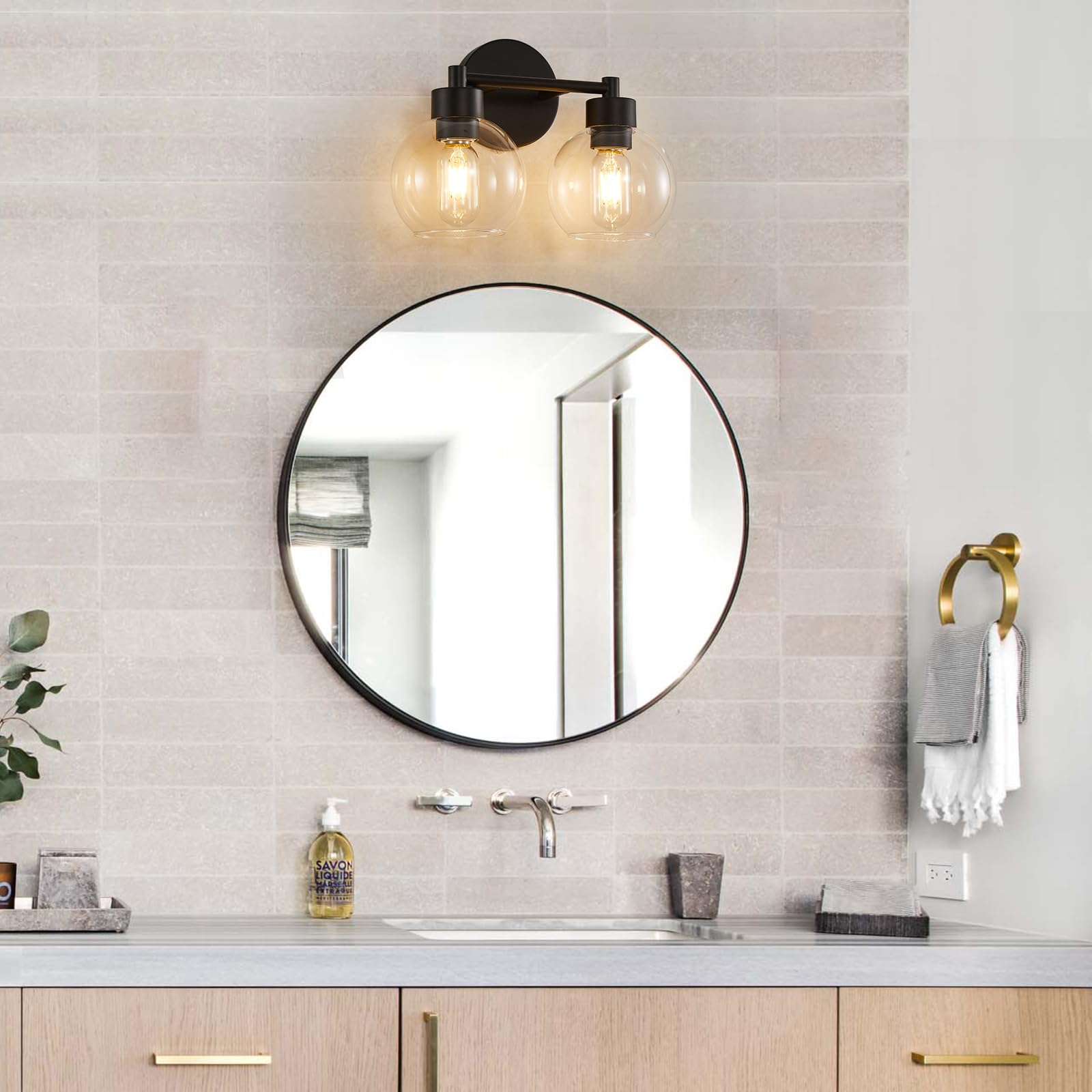Modern Black Bathroom Light Fixture - 2-Light Vanity Sconce with Clear Glass Shades for Mirror, Bedroom, Living Room & Kitchen - Perfect for Bathroom Makeover, Modern Home Decor & Ambient Lighting
