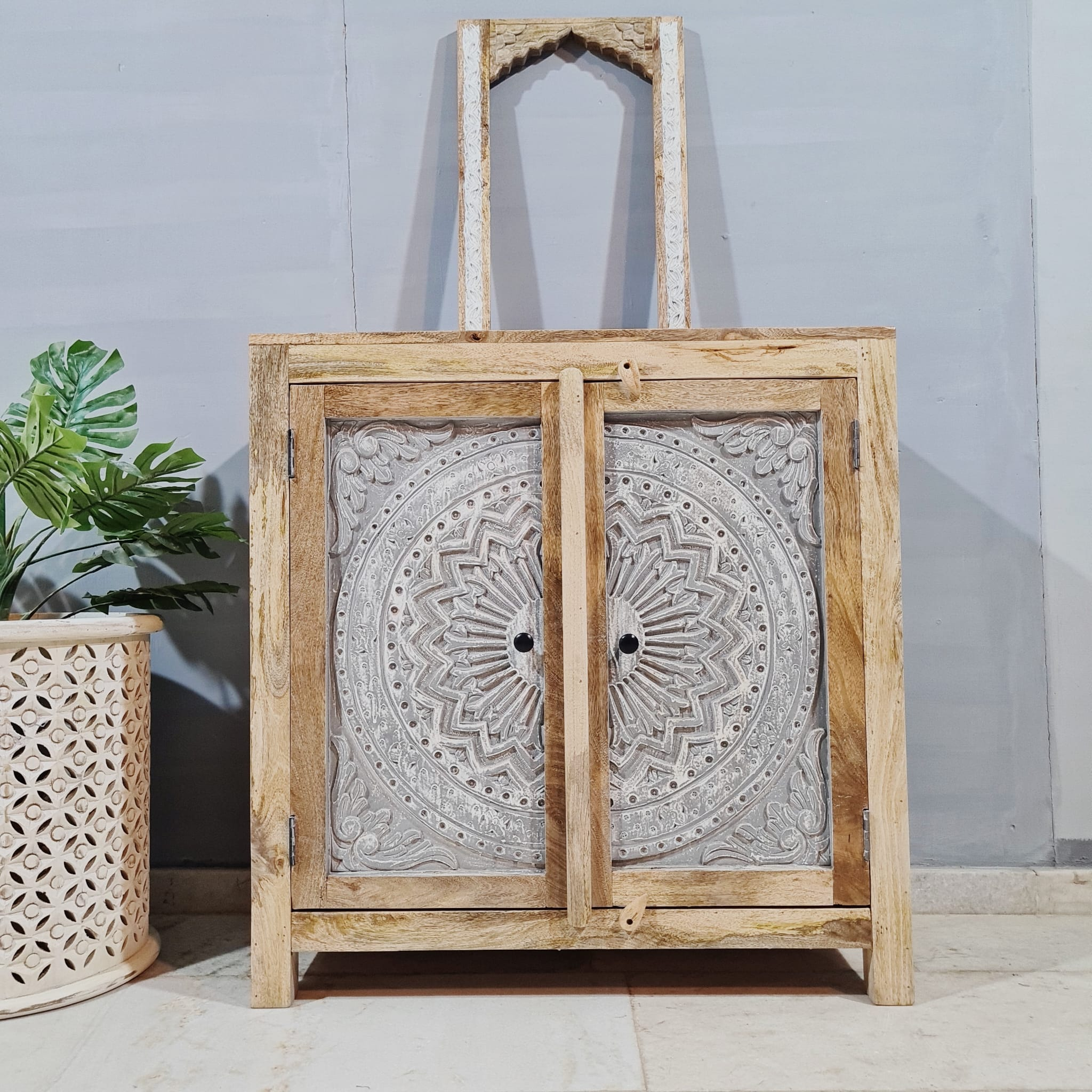 Handmade Carved Indian Solid Hardwood Cabinet with Floral Pattern - 35.4