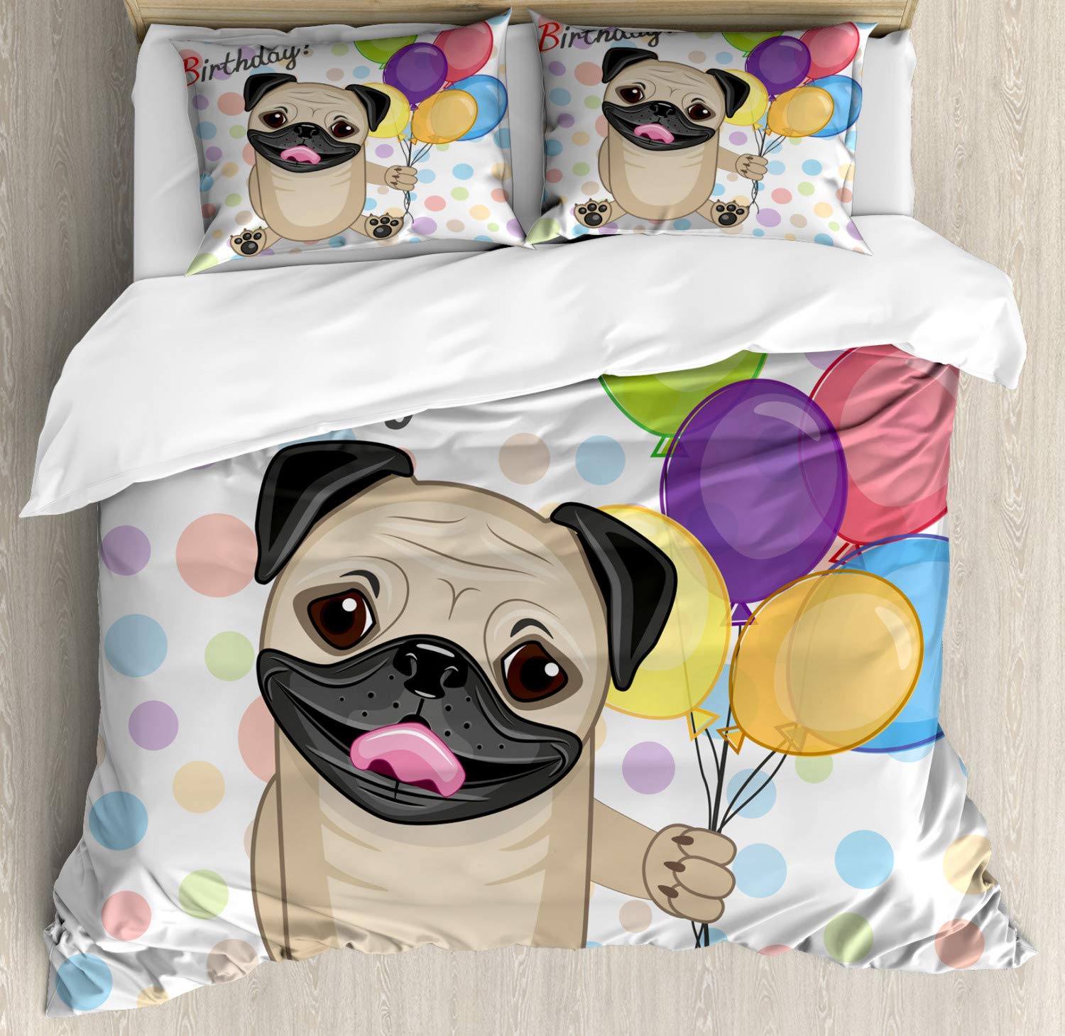 Ambesonne Dog Lover Duvet Cover Set - Smiling Pug with Balloons Birthday Theme, 3-Piece California King Bedding Set with 2 Pillow Shams, Colorful Animal Print Home Decor | Perfect for Dog Themed Bedrooms, Birthday Gifts & Pet Lover Home Decor