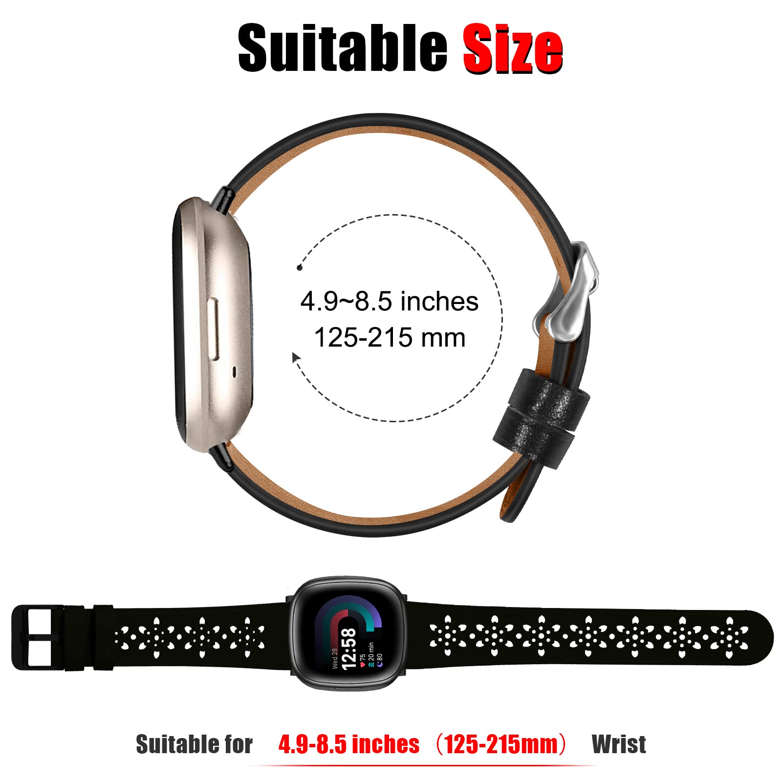 Premium Leather Bands for Fitbit Versa 3/4 & Sense 1/2 - Floral Hollow-Out Lace Replacement Strap for Women & Men | Elegant Watch Accessory for Work, Gym & Daily Wear