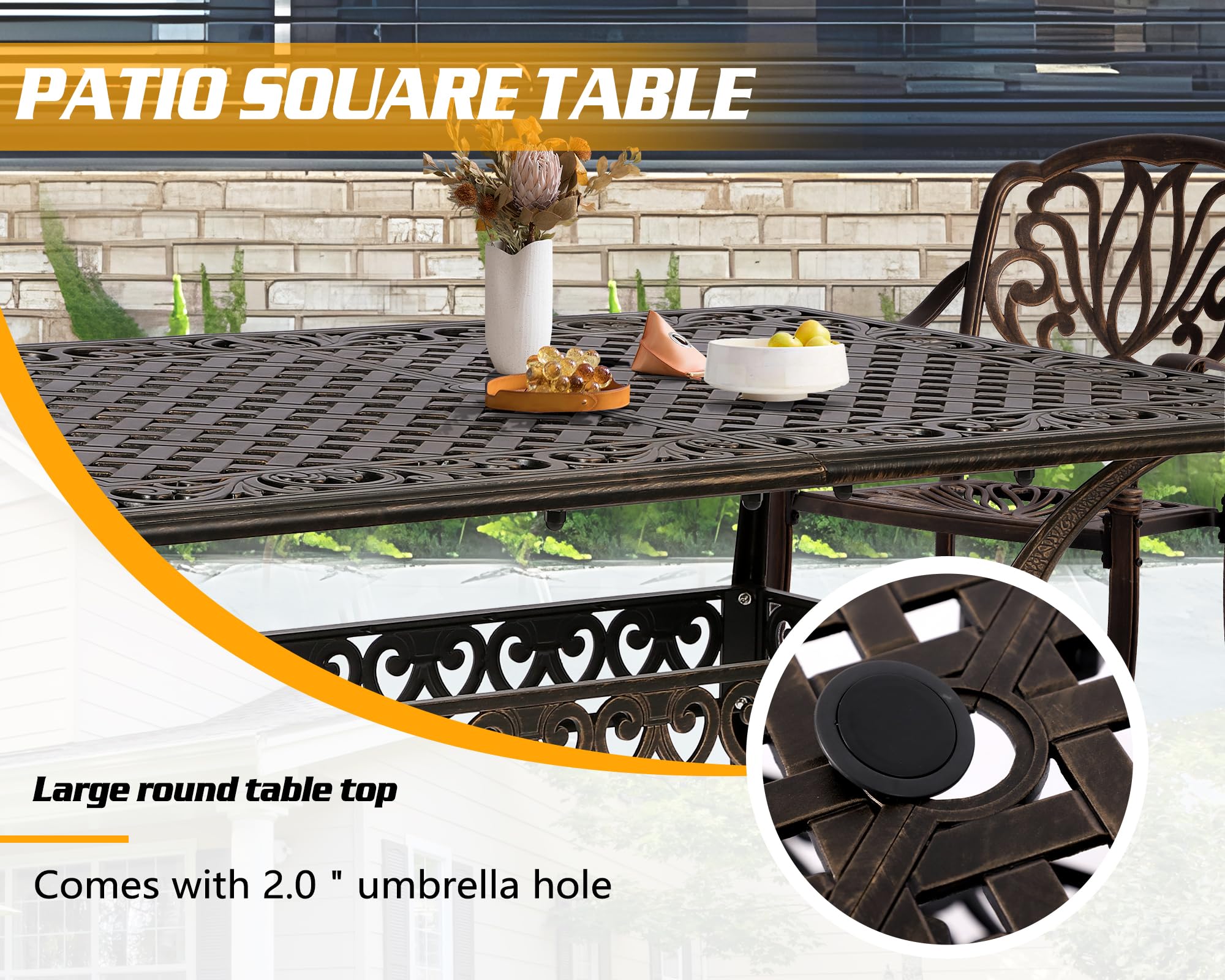 TITIMO 60 Inch Outdoor Patio Bistro Dining Square Table - Weather Resistant Cast Aluminum Conversation Table with 2 Inch Umbrella Hole - Perfect for Backyard, Garden, Poolside & Restaurant Outdoor Seating (60
