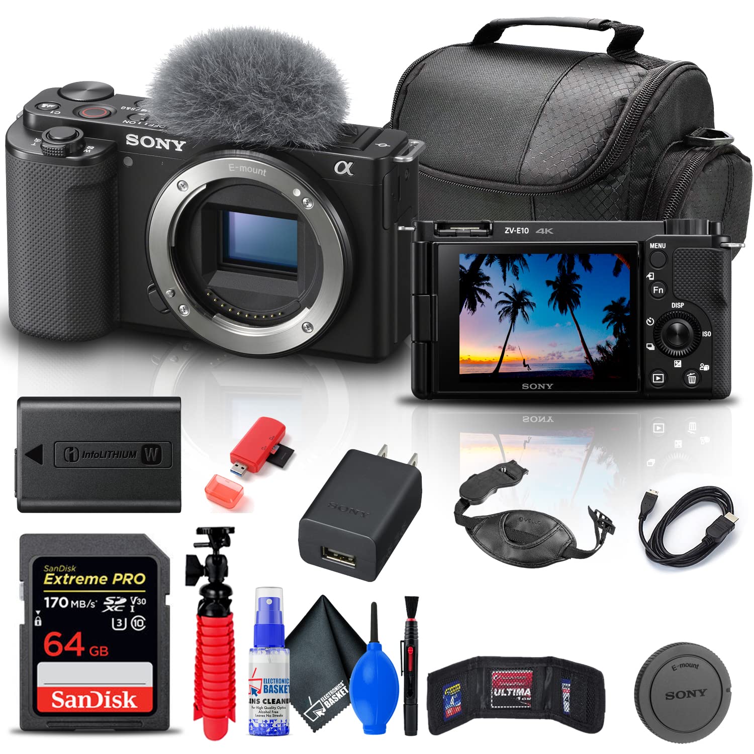 Sony ZV-E10 Mirrorless Camera Body (Black) with 64GB Memory Card, Camera Bag, Card Reader, HDMI Cable, Flex Tripod, Hand Strap & Cleaning Kit - Perfect for Vlogging, YouTube Content Creation & Travel Photography (Renewed)