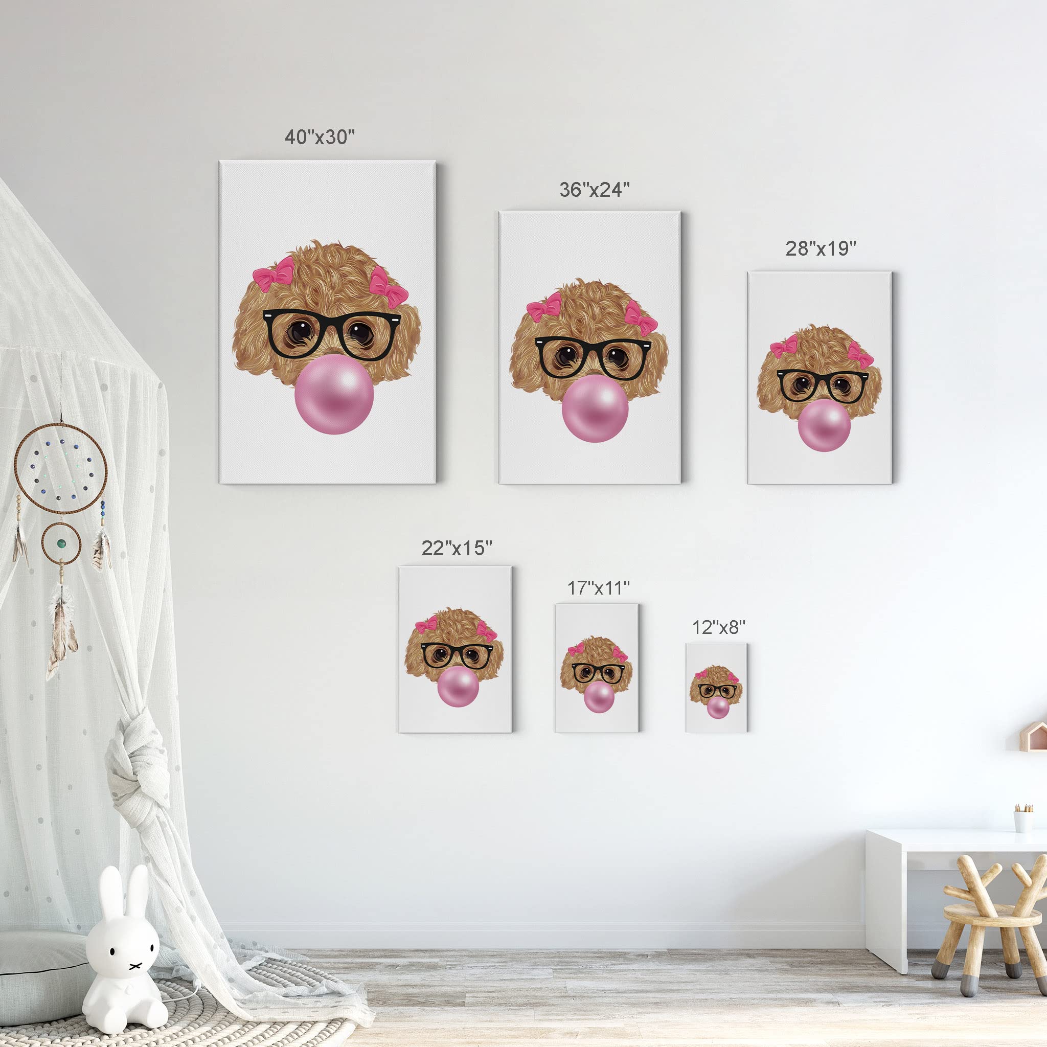 Smile Art Design Toy Poodle Puppy Portrait with Glasses Chewing Bubble Gum - Canvas Wall Art Print for Dog Lovers, Pop Art Decor for Living Room, Bedroom, Nursery - Perfect Gift for Pet Owners (36x24)