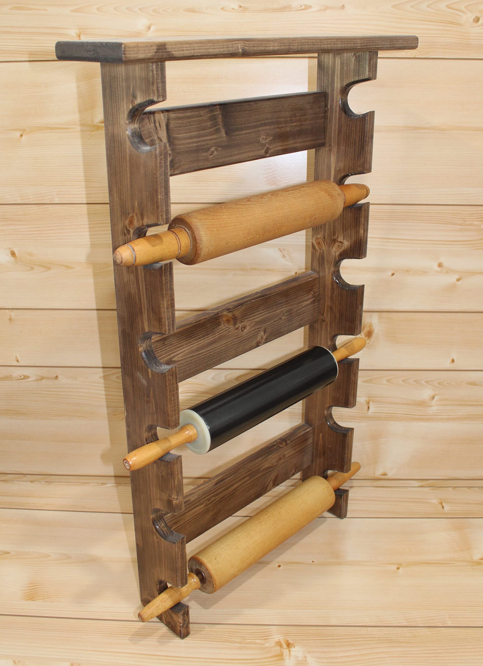 Provincial Style Rolling Pin Rack with Shelf - Wooden Rolling Pin Holder Organizer for 6 Pins - Kitchen Storage Solution for Baking Tools & Utensils - Perfect for Home Bakers & Professional Chefs