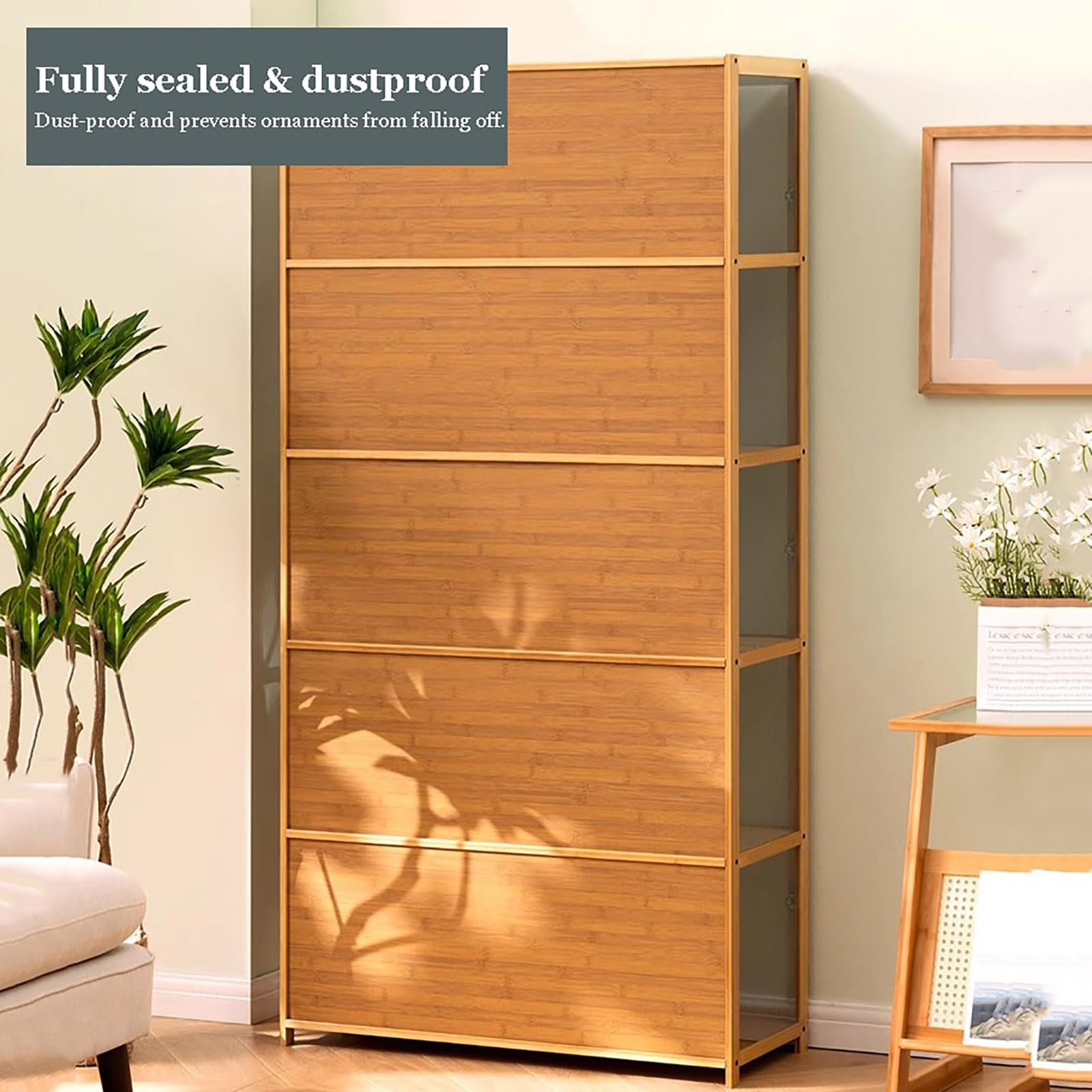 5-Tier Curio Display Cabinet with Clear Acrylic Doors - Transparent Bamboo Floor Standing Bookcase for Collectibles, Figures & Books | Perfect for Living Room, Office or Game Room Decor