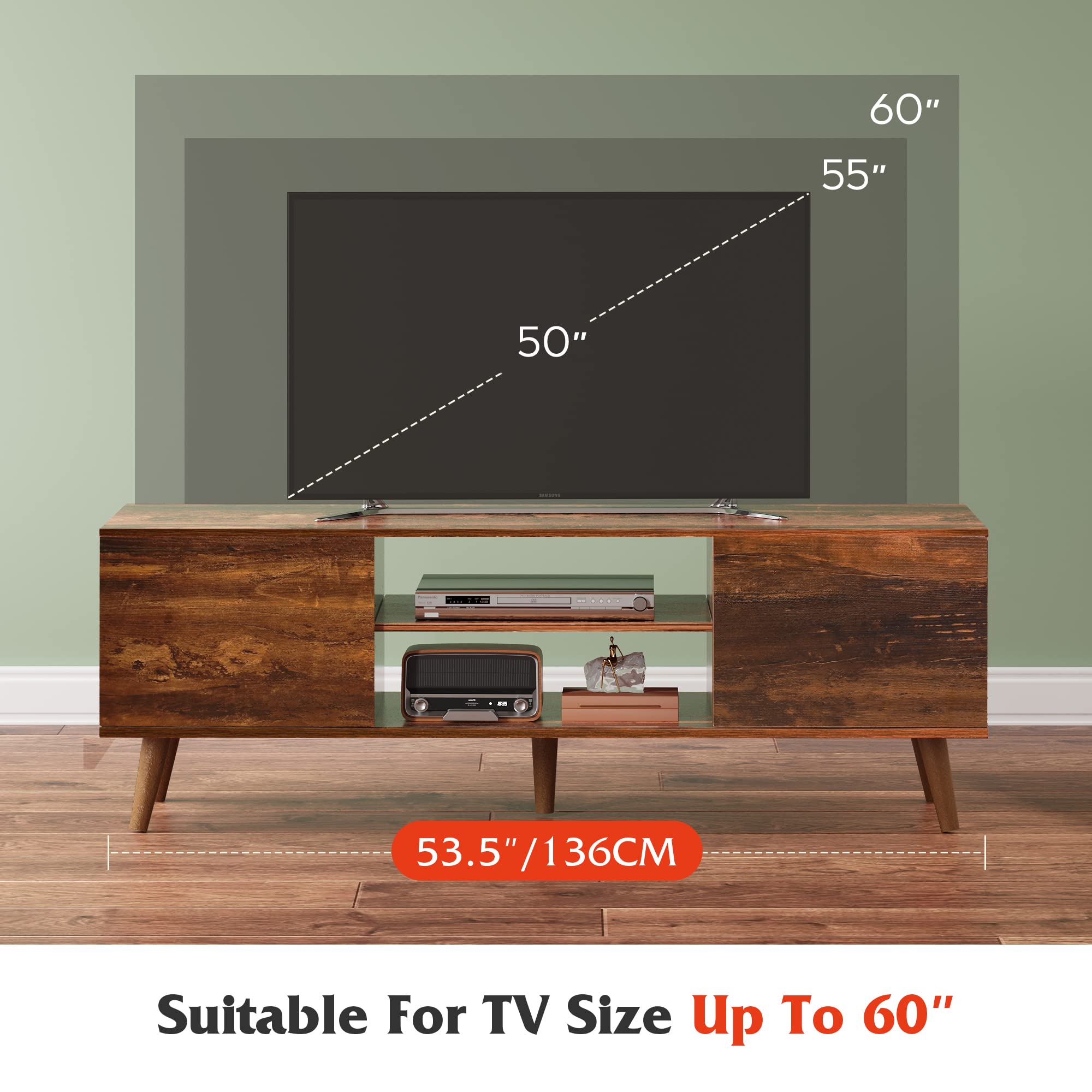 WLIVE Mid Century Modern TV Stand for 55-60 Inch TVs - Retro Brown Entertainment Center with Storage - Perfect for Living Room Home Theater Setup