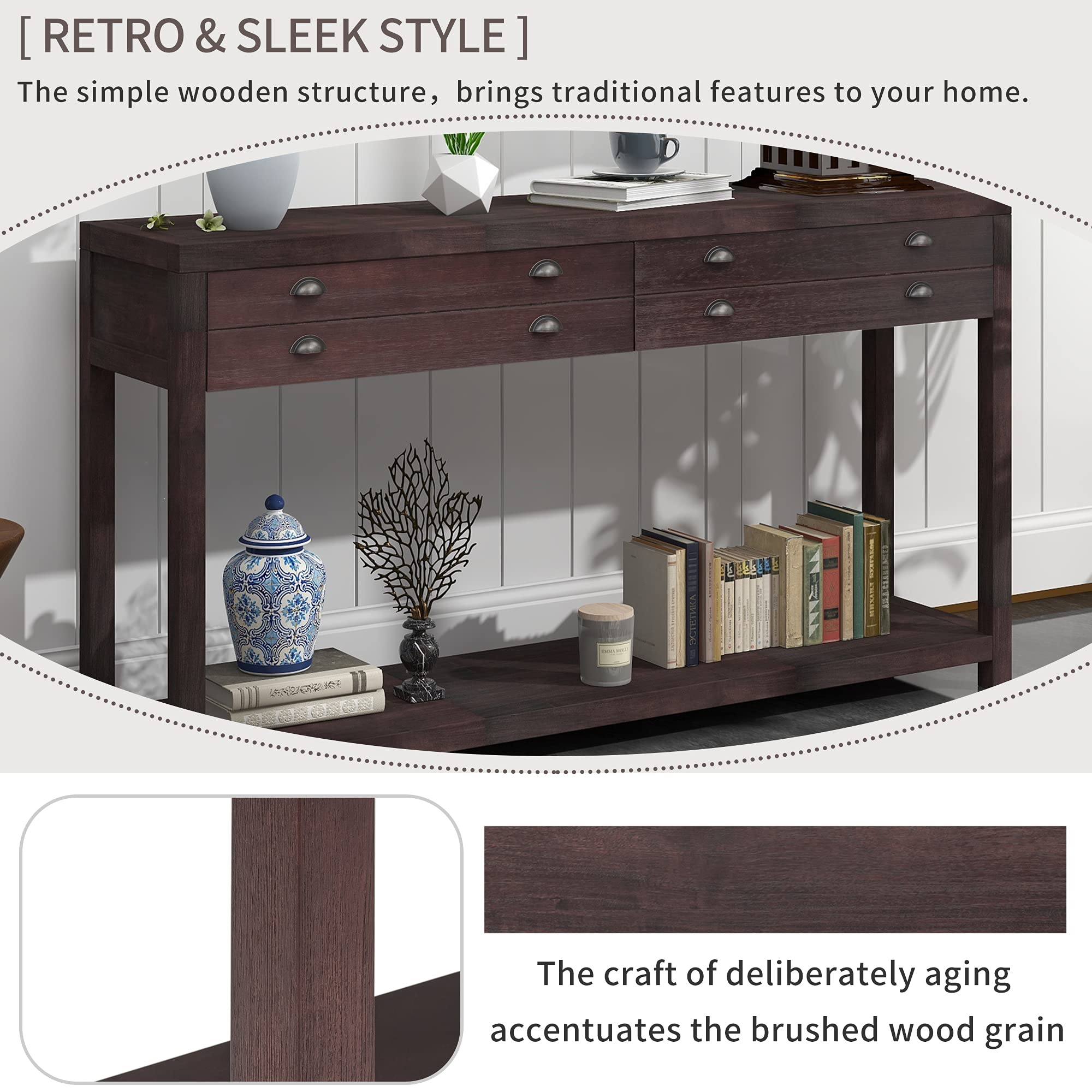 Solid Wood Console Table with 2 Large Storage Drawers, Rustic Entryway Sofa Table with Open Shelf - Modern TV Stand for Living Room, Bedroom, Hallway (Espresso, Large Size) | Perfect for Small Space Organization & Home Decor
