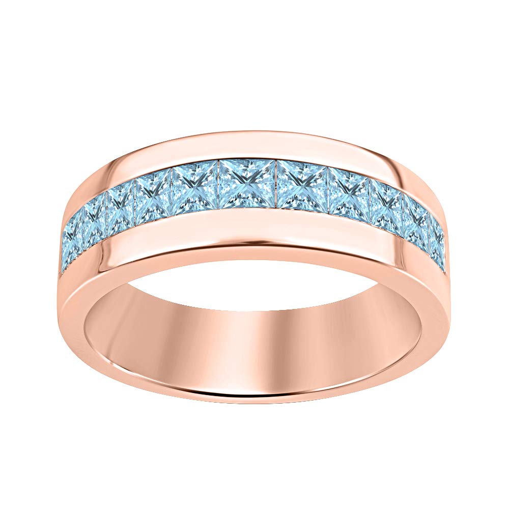 14K Rose Gold Plated .925 Sterling Silver Princess Cut Aquamarine Men's Wedding Band Ring - Elegant Diamond Accent Jewelry for Groom, Engagement & Anniversary Gifts