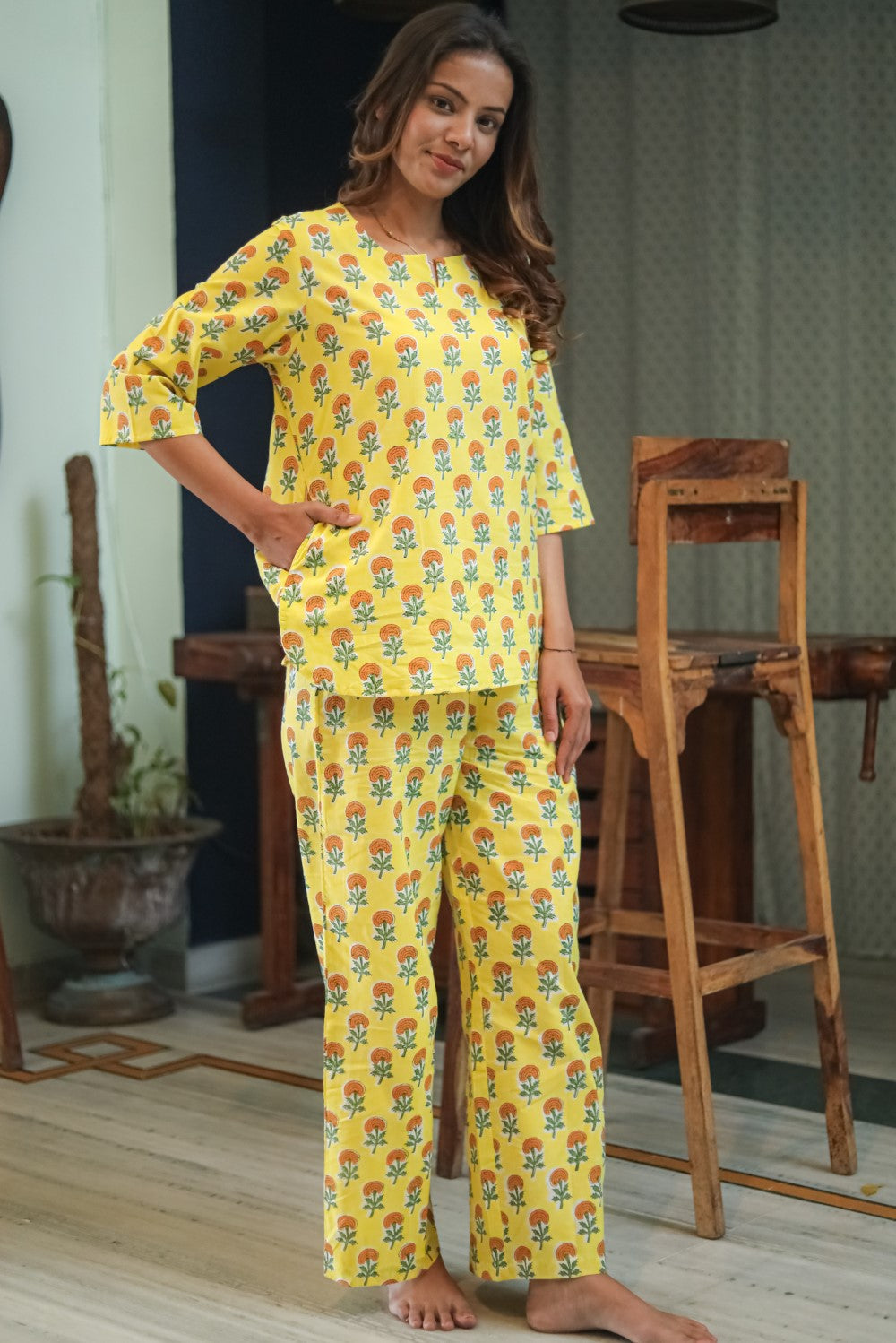 Marigold Bliss Handblock Printed Pure Cotton Night Suit for Women | Soft & Comfortable Sleepwear Set | Perfect for Lounge, Travel & Home Relaxation