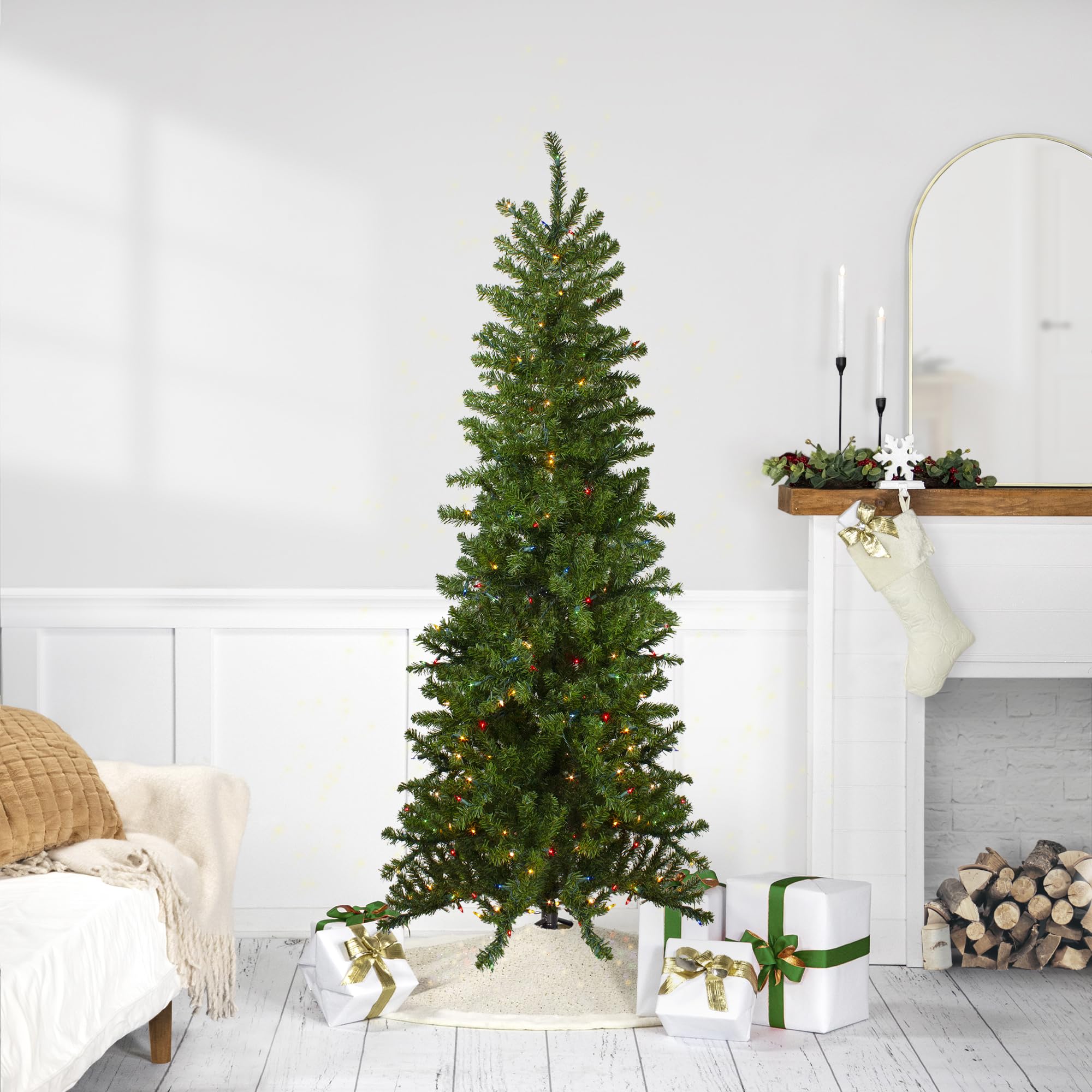 6.5 ft Pre-Lit Canadian Pine Artificial Pencil Christmas Tree with 300 Warm White LED Lights - Slim Holiday Decor for Small Spaces, Apartments & Office Desks