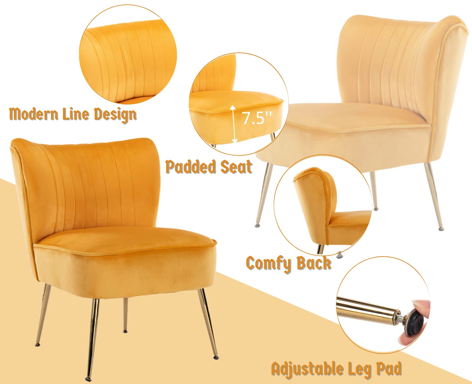 CIMOTA Velvet Accent Chairs Set of 2 - Modern Armless Slipper Chairs with Golden Legs, Wingback Design for Living Room, Bedroom & Office - Soft Velvet Upholstered Side Chairs for Reading Nook, Lounge Corner or Guest Seating (Yellow)