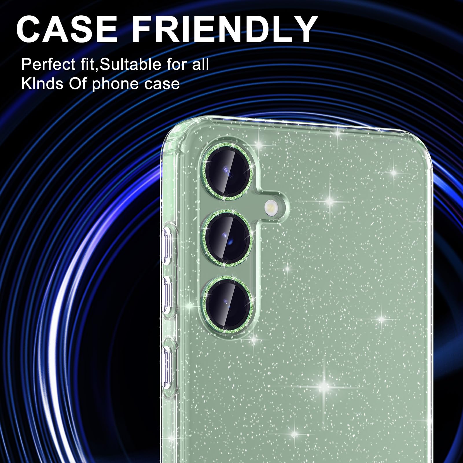 Premium Samsung Galaxy S24 FE Camera Lens Protector - Ultra Thin HD Clear Tempered Glass with Strong Adsorption & Scratch Resistant Metal Ring (Green Sparkly) - Perfect for Outdoor Photography, Travel & Daily Protection