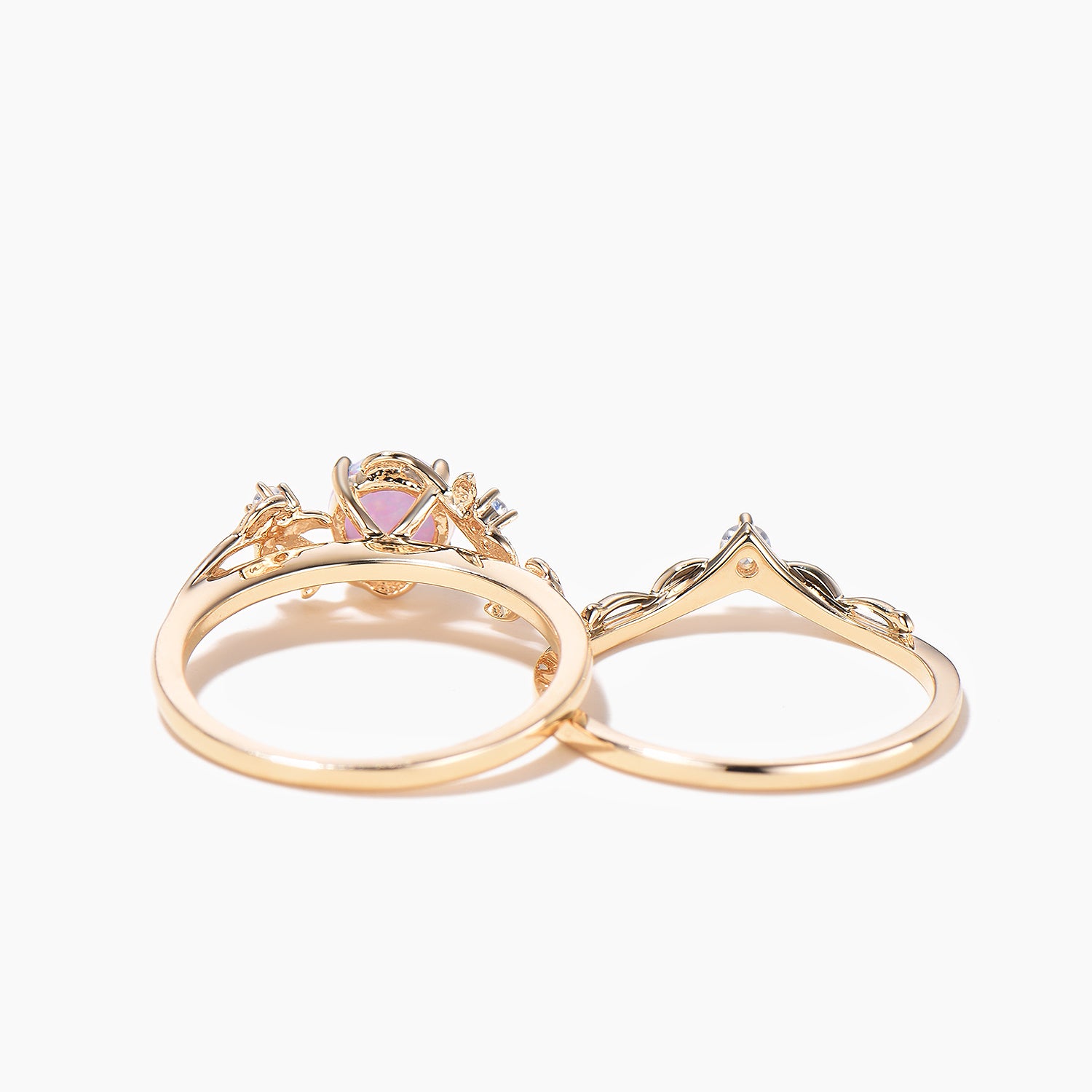 1ct Round Cut White Opal Moonstone Twig Leaf Branch Gold Bridal Ring Set - Elegant Wedding Band for Engagement, Anniversary & Special Occasions