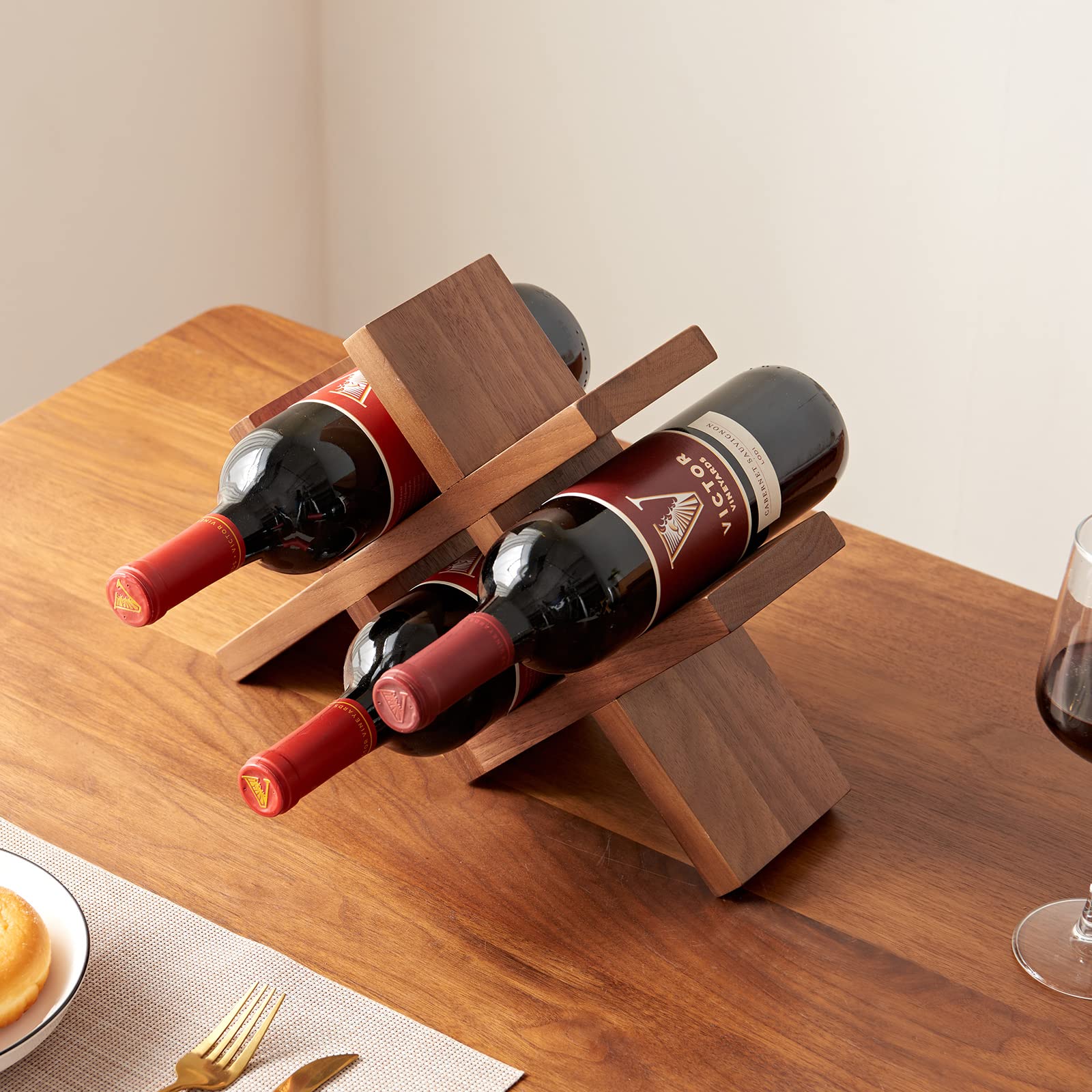 Solid Oak Wood Countertop Wine Rack - 4 Bottle Holder for Wine, Beer & Drinks - Durable Walnut Organizer for Home Bar, Kitchen & Cellar - Perfect for Entertaining & Space Saving Storage