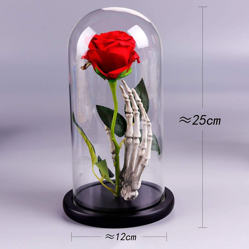Glass Dome Rose Light with Skeleton Hand - Romantic Silk Rose in Glass Display, LED Decorative Gift for Valentine's Day, Wedding, Anniversary, Mother's Day, Birthday & Party Decor | Perfect for Home Decor, Bedroom Night Light, Wedding Centerpiece & Gift Giving
