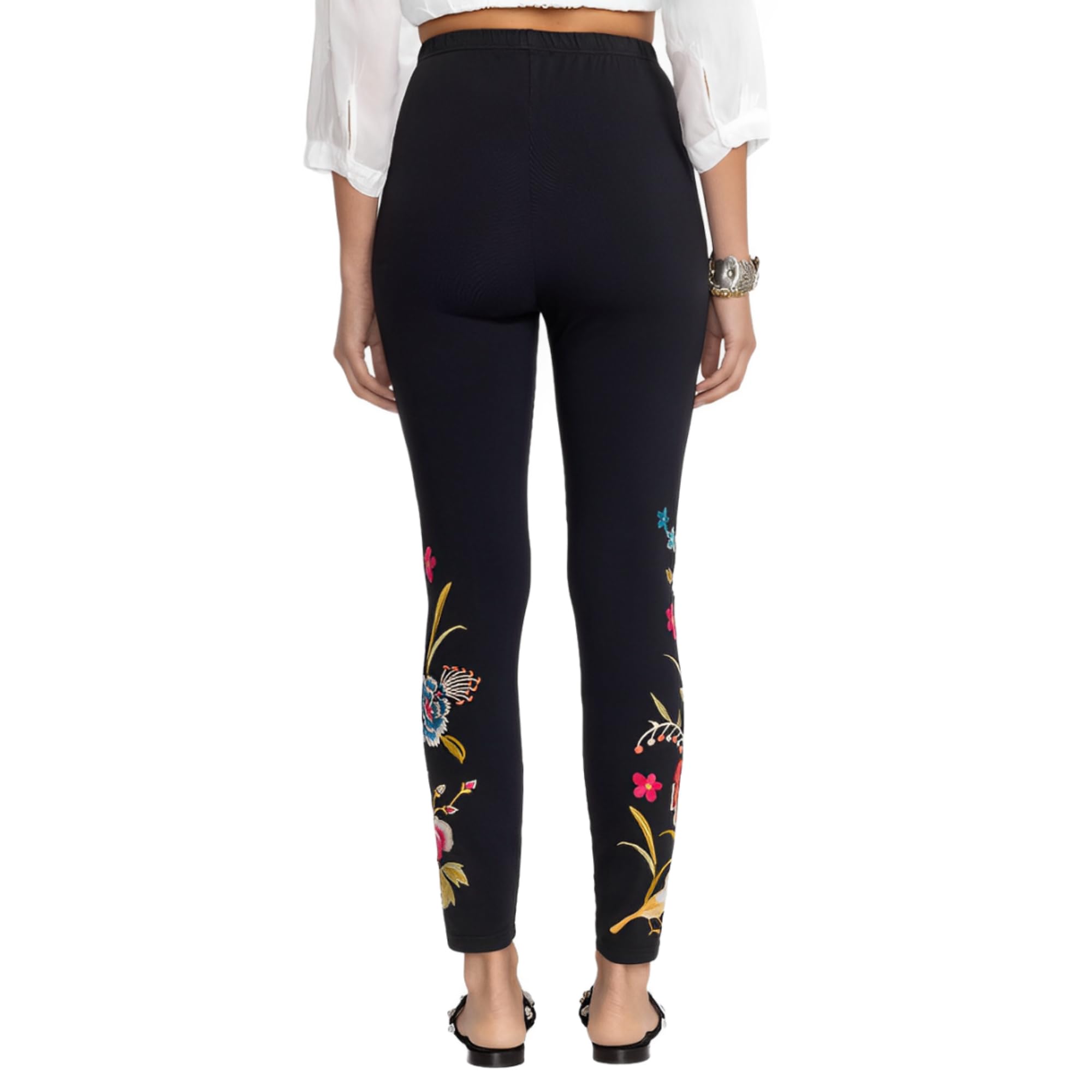Johnny Was Celina Embroidered Cotton Leggings - Black Floral Print, Women's Stretchy Pants, Size Small | Perfect for Yoga, Casual Wear & Boho Fashion