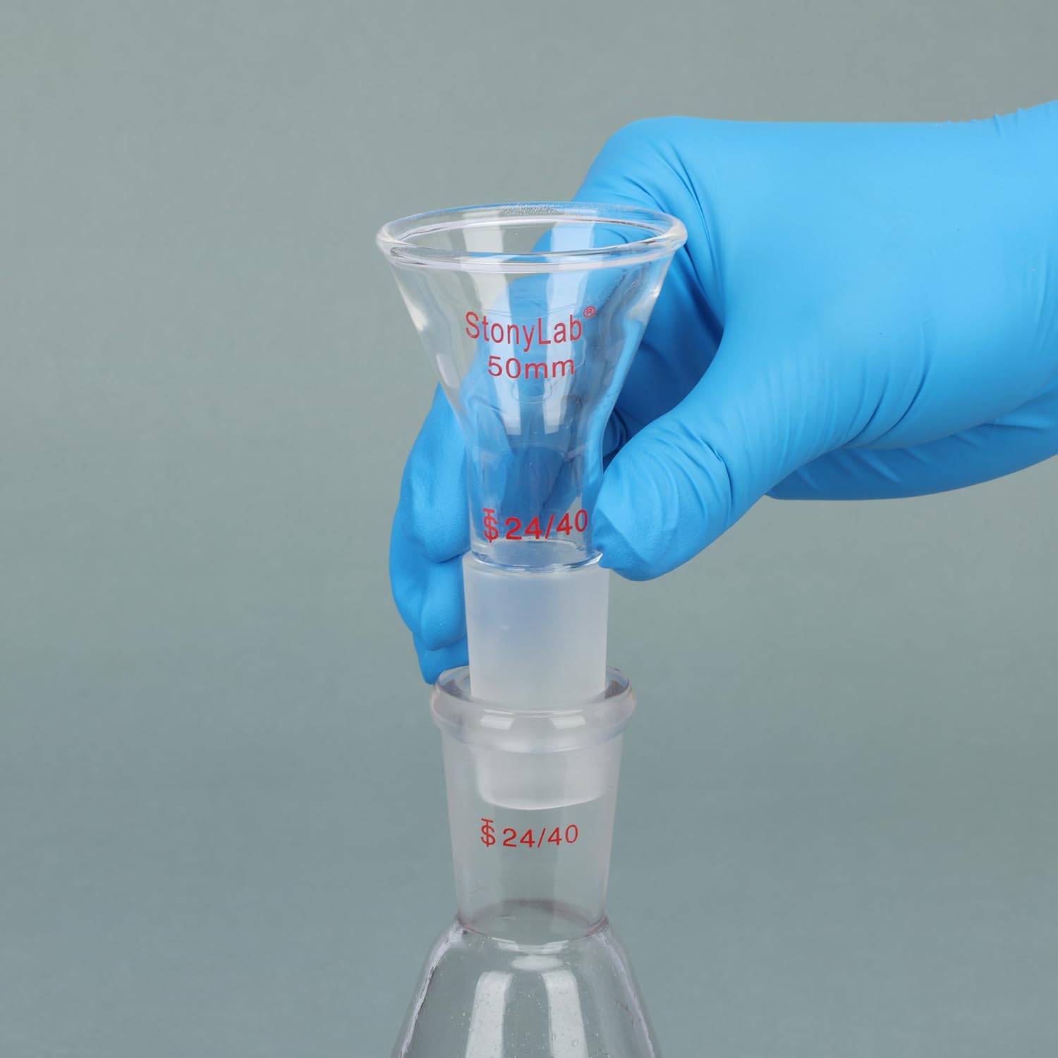 StonyLab Glass Short Stem Powder Funnel - 50mm Top Diameter with 24/40 Inner Joint - Premium Lab Glassware for Chemistry Experiments, Powder Transfer & Essential Oil Filling