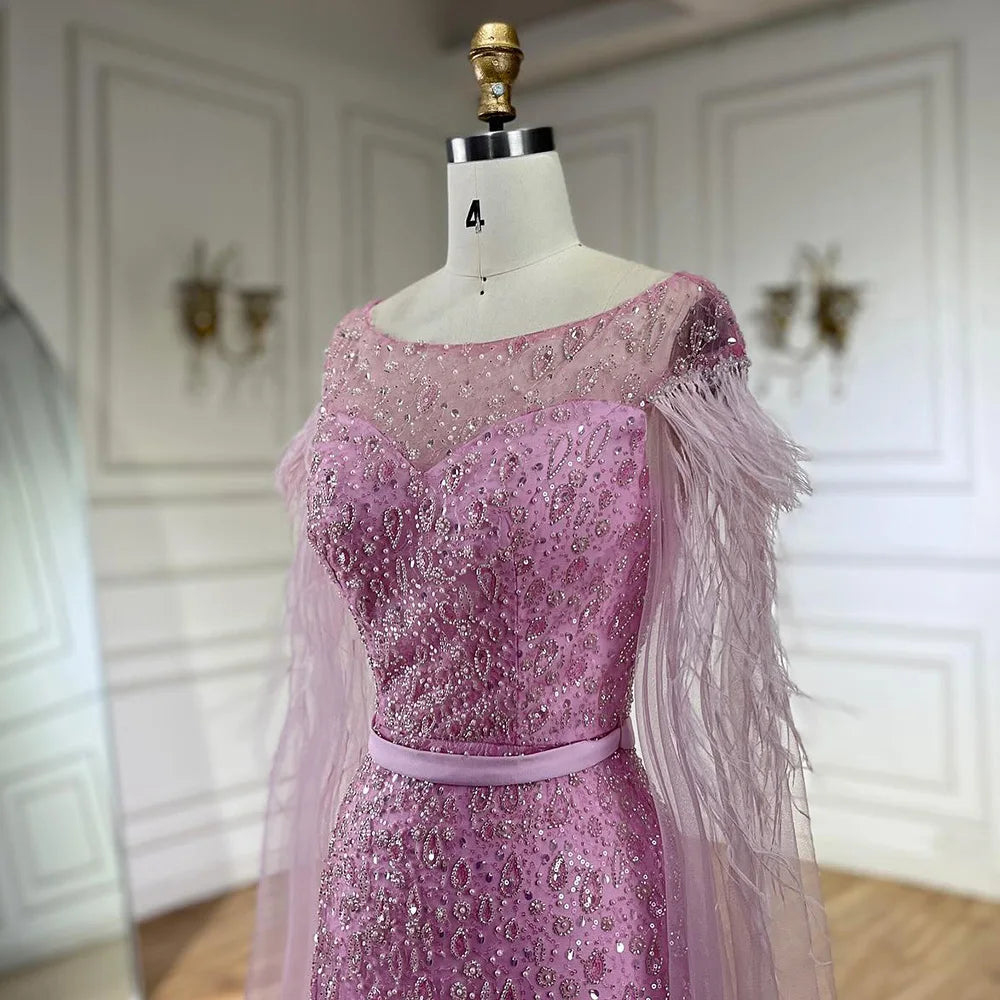 Serene Hill Pink Cape Sleeves Dubai Evening Gown - Mermaid Beaded Feather Dress for Women's Party & Special Occasions | Elegant Formal Wear for Weddings, Galas & Red Carpet Events