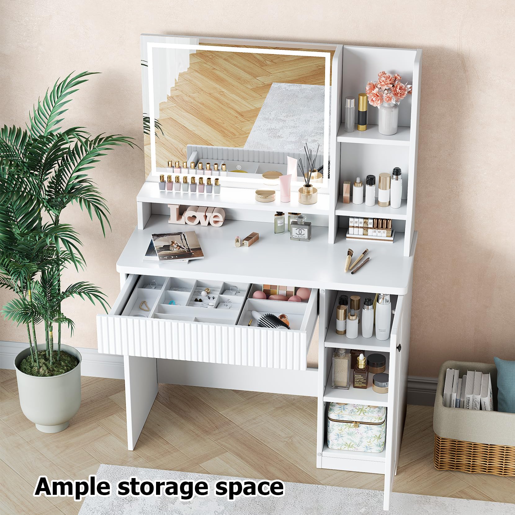 Dripex Makeup Vanity Desk with Mirror & Adjustable LED Lights - White Dressing Table with Drawer & Cabinet for Bedroom, Perfect for Makeup, Skincare & Hair Styling at Home