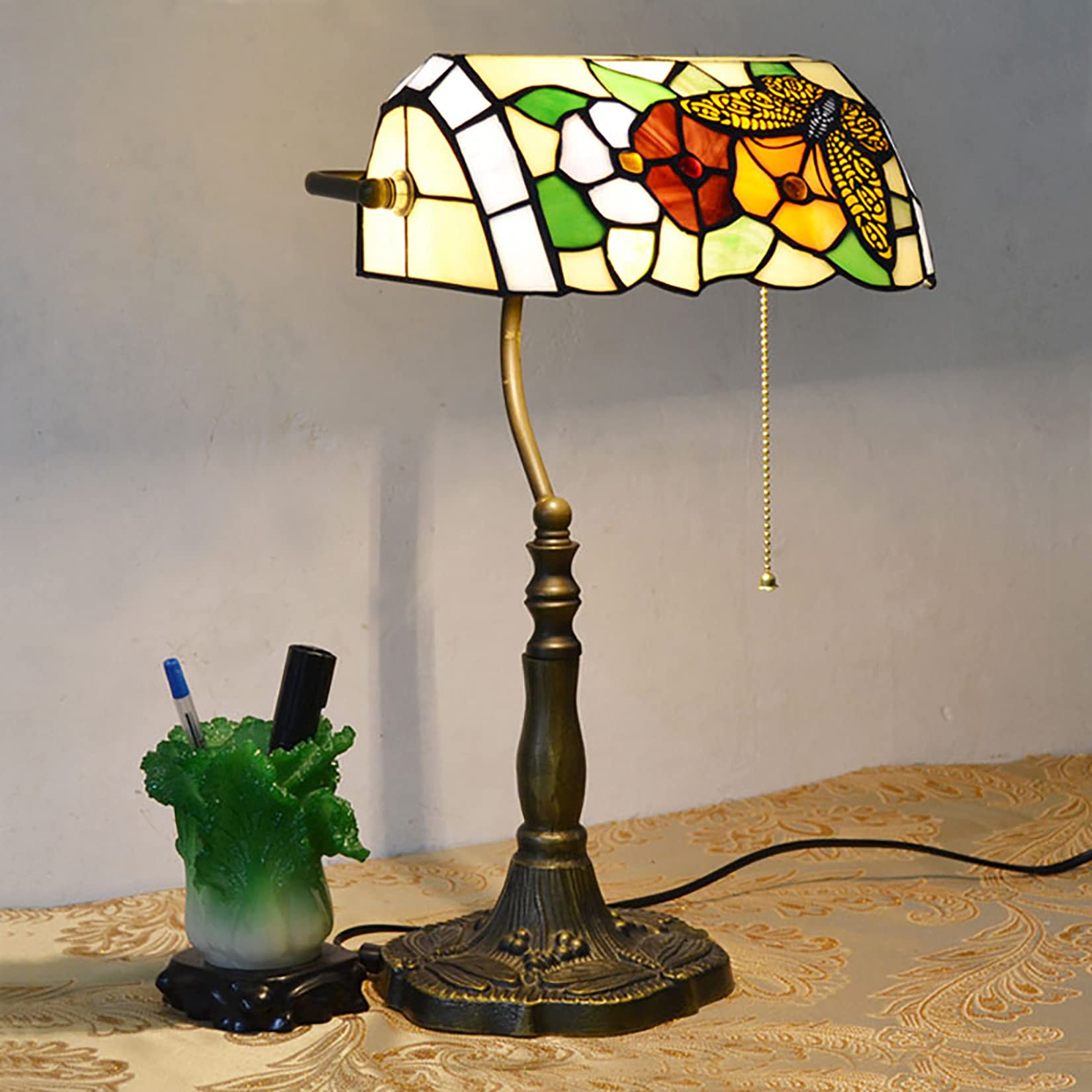 Tiffany-Style Bankers Table Lamp - Handmade Stained Glass Butterfly Flower Shade Desk Light with Zipper Switch & Round Alloy Base | Perfect for Home Office, Bedroom Nightstand, Reading Nook & Gift Giving (Dragonfly Resin Base)