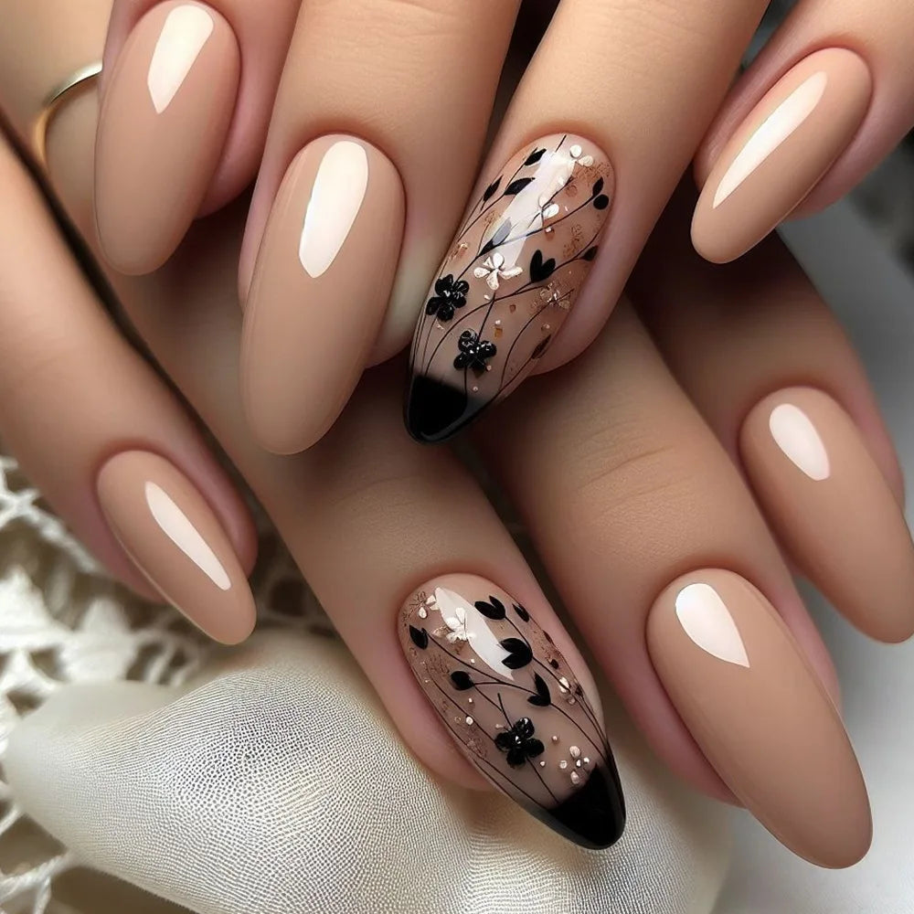 24Pcs Black French Fake Nails - Nebula Gradient Space Design Almond Press on False Nails for Women - Medium Length Glamorous Nail Tips for Party, Wedding, Date Night & Special Occasions