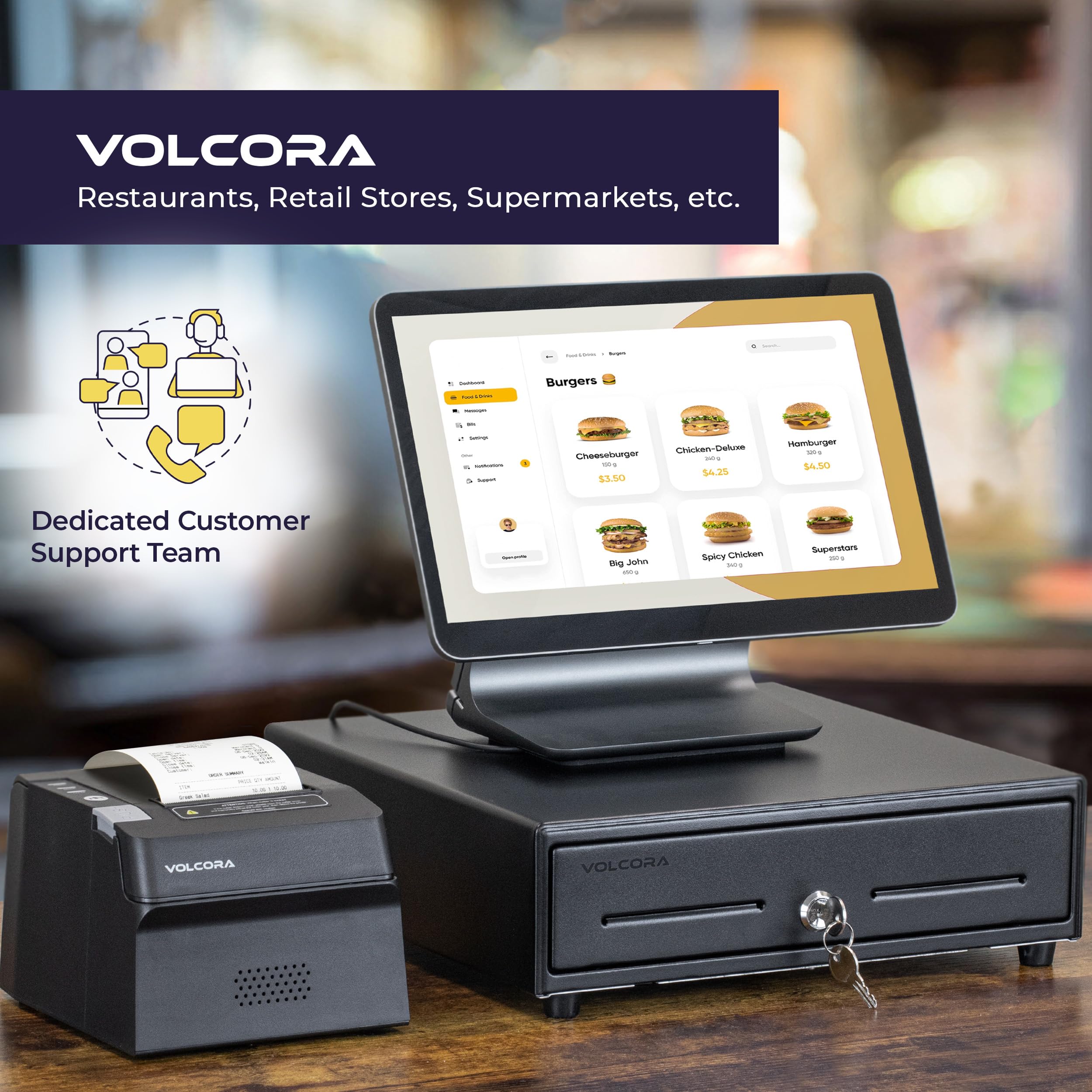 Volcora Secure Cash Register Drawer with Lock & Tablet Stand - POS System for Retail Stores, Anti-Theft Money Tray, Black | Ideal for Small Business, Convenience Stores & Restaurant POS Setups