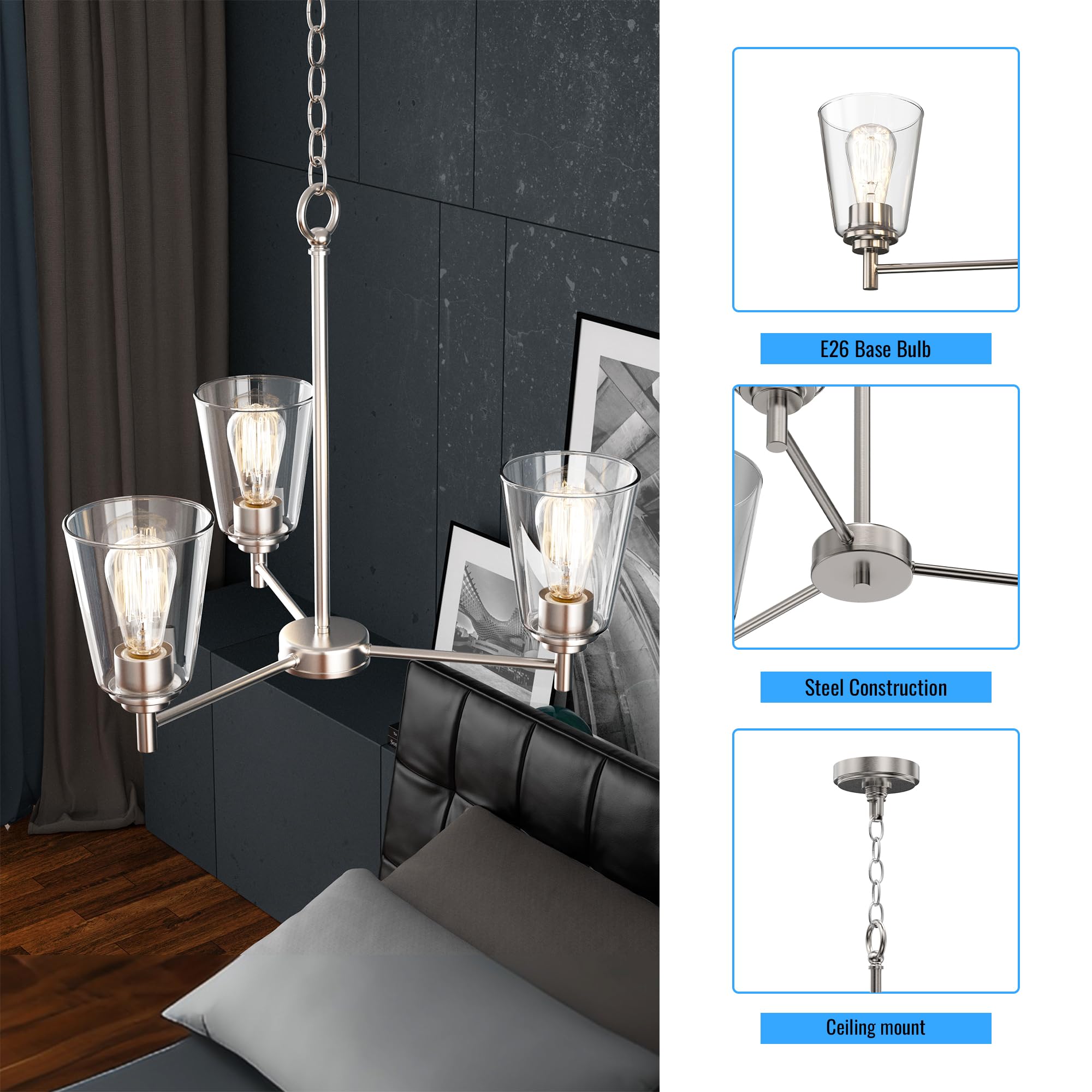 LEDMyplace 3-Lights Flared Island Chandelier - Clear Glass Shade, Brushed Nickel Finish, E26 Base - Modern Ceiling Pendant Light for Kitchen Island, Dining Room, Farmhouse Decor (Bulb Not Included) | Perfect for Home, Restaurant, and Cafe Lighting