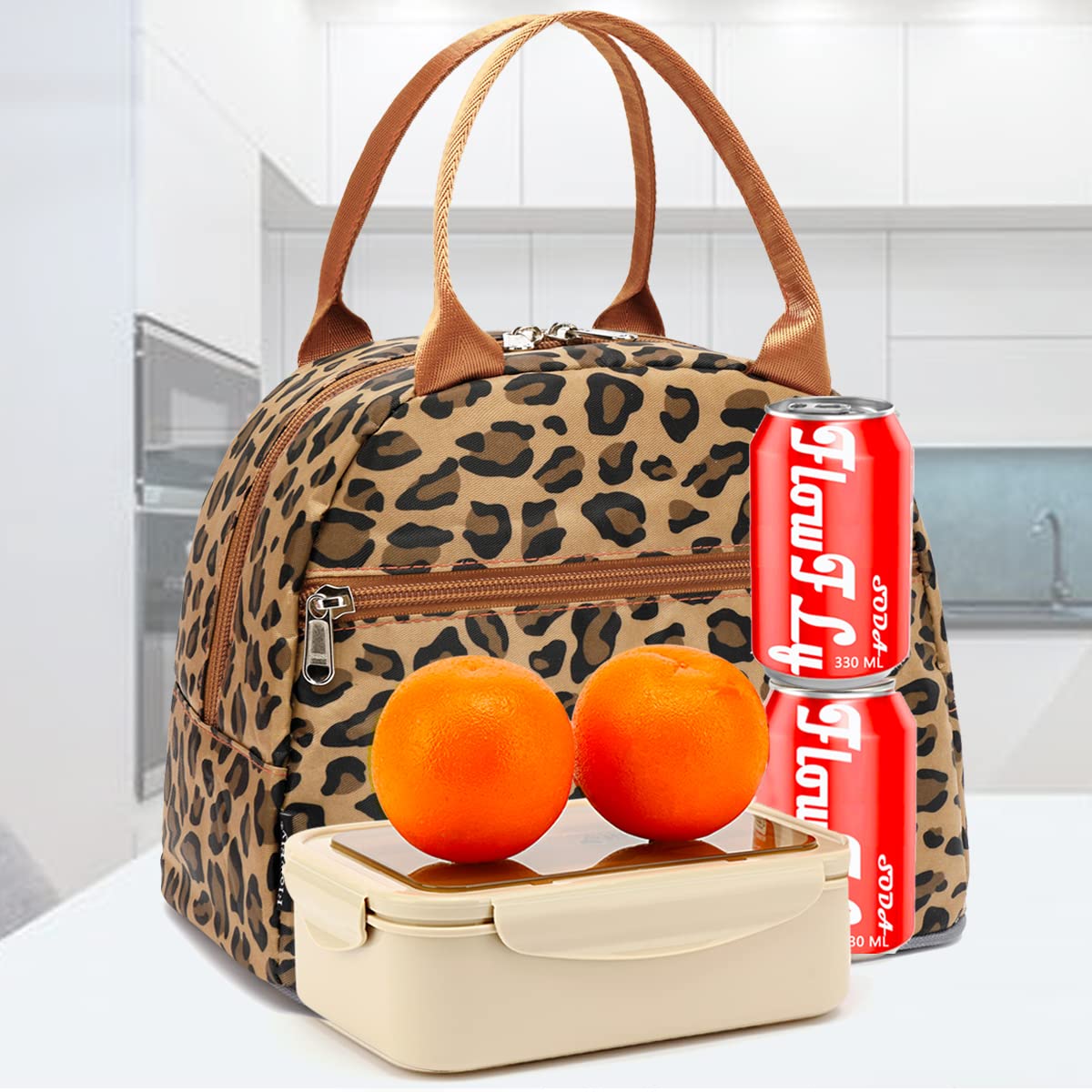 FlowFly Insulated Lunch Cooler Bag for Women & Men - Leopard Print Tote Bag with Organizer Pockets | Perfect for Work, School, Picnics & Outdoor Activities