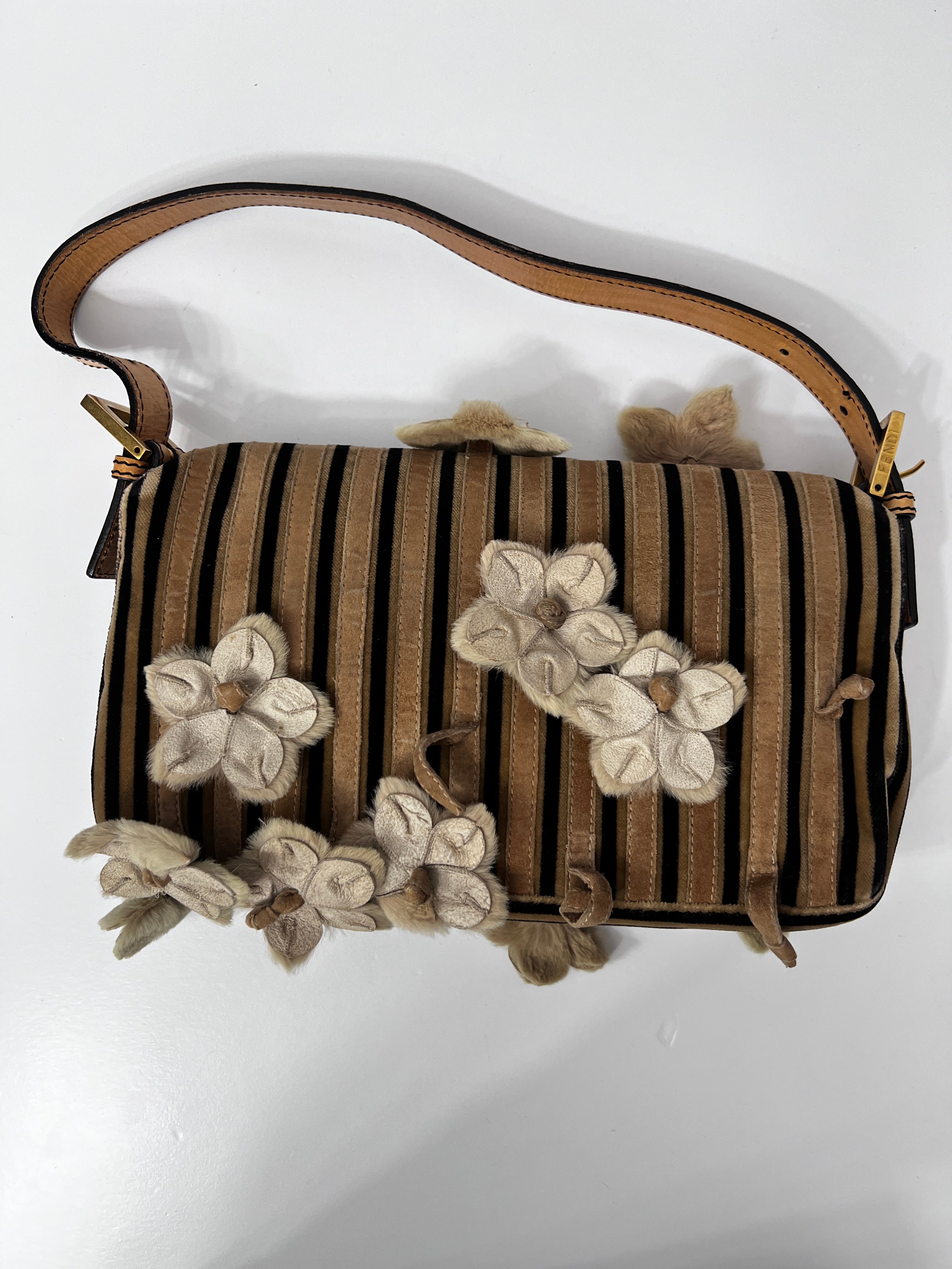 Fendi Velvet 3D Flowers Strip Baguette Bag - Luxury Designer Crossbody Purse for Women, Perfect for Parties, Weddings & Evening Events
