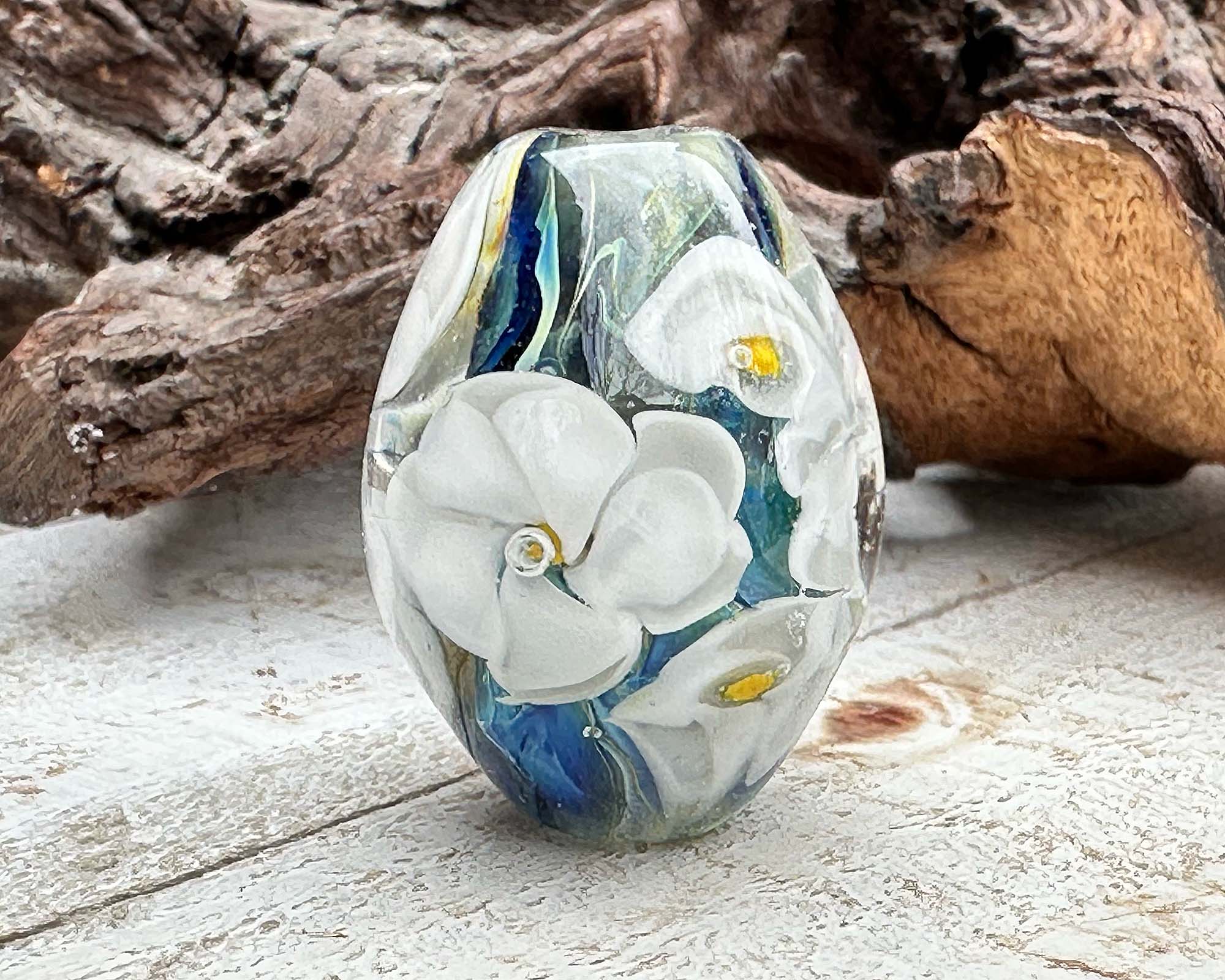 Handmade White Floral Lampwork Glass Focal Bead - SRA Certified Artisan Jewelry Component for Necklaces, Bracelets & DIY Crafting