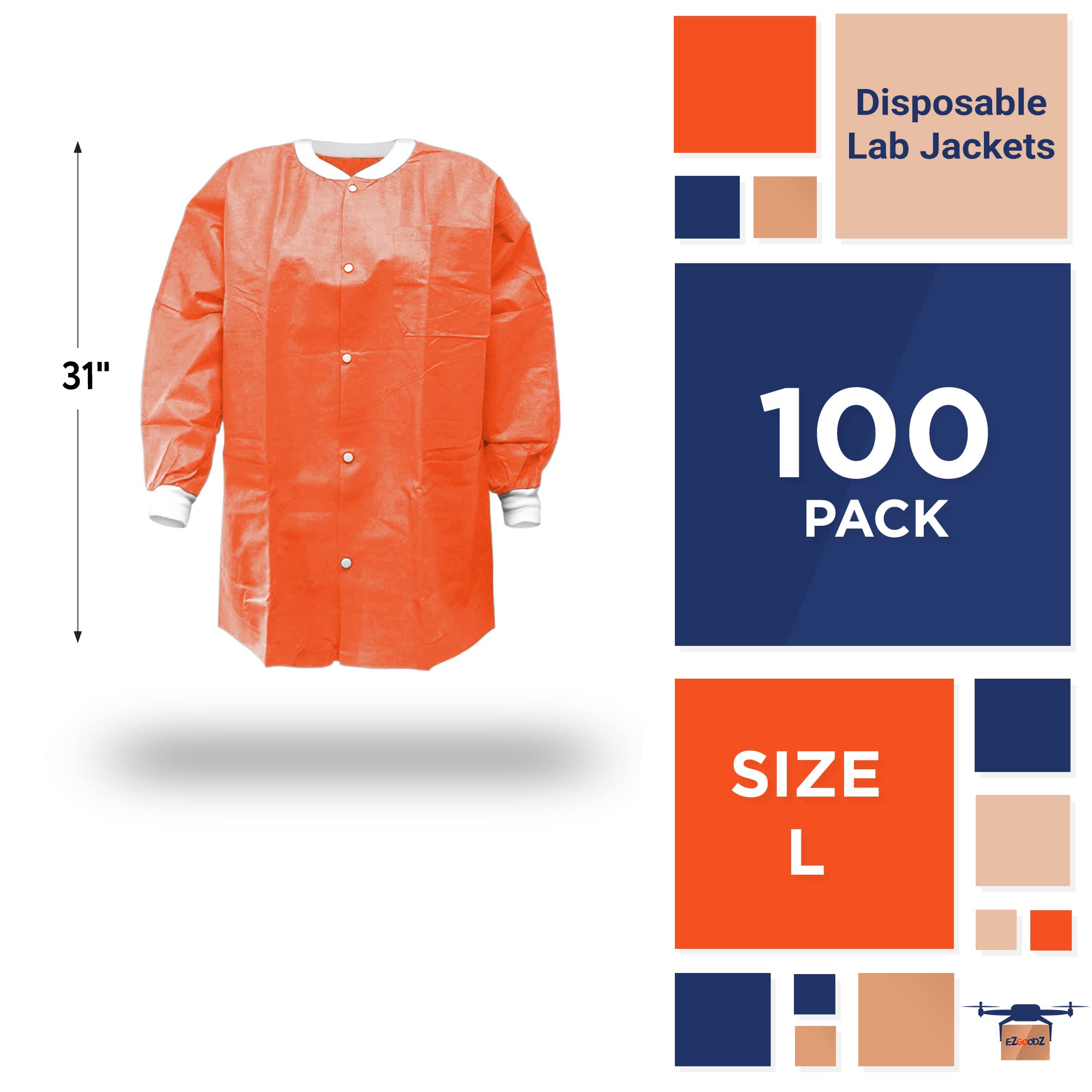 EZGOODZ 31-Inch Disposable Lab Coat - Pack of 100 Orange Unisex PPE Workwear with Snap Front, Knit Cuffs & 3 Pockets (50 GSM) - Ideal for Medical Labs, Cleanrooms & Industrial Safety