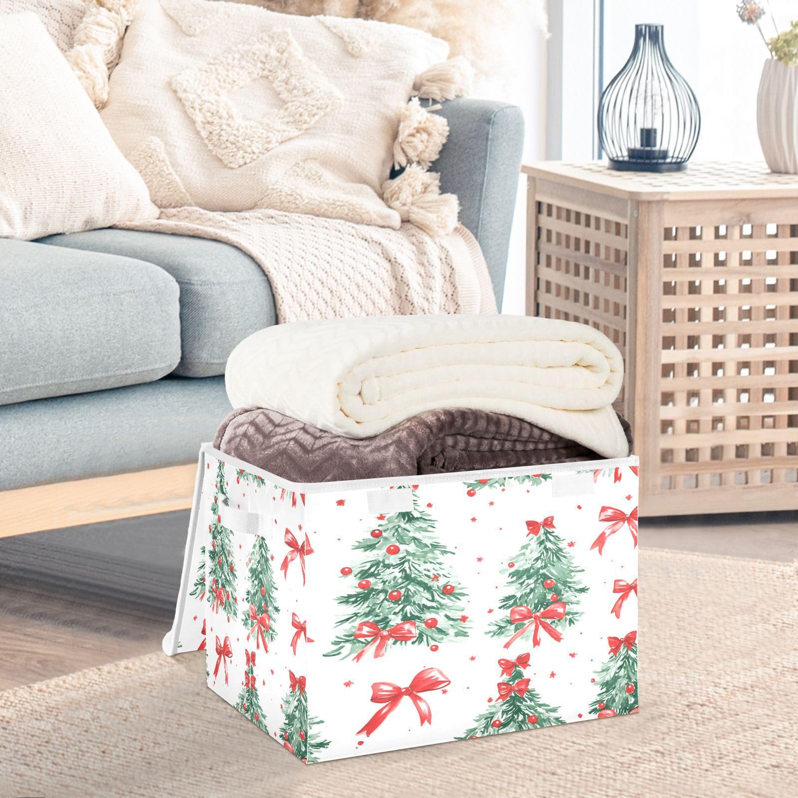 Christmas Tree Pattern Fabric Foldable Storage Bins with Lids - Collapsible Storage Box Organizer for Home, Bedroom, Closet & Office - Perfect for Holiday Decor, Gift Wrapping & Year-Round Organization