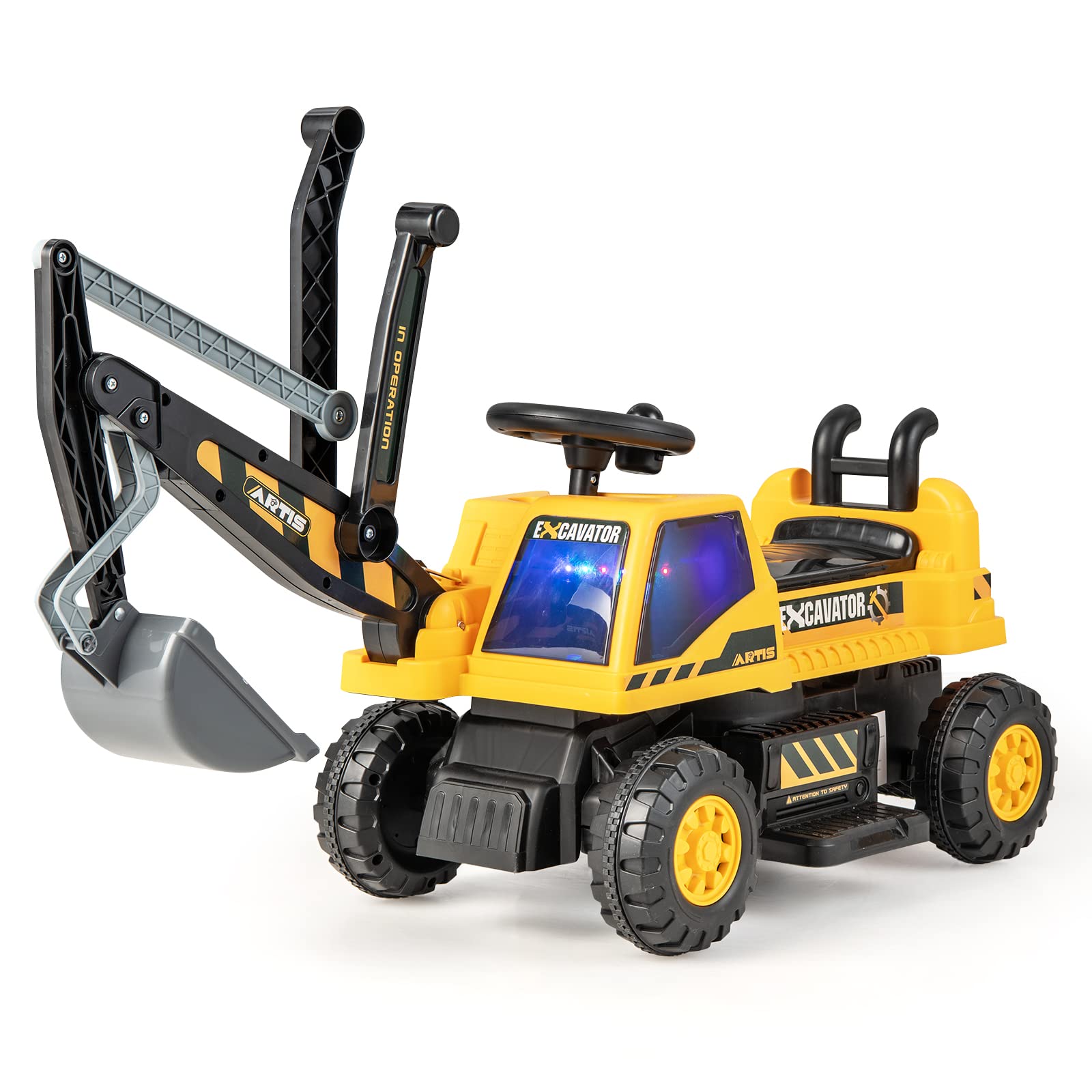 GOPLUS Kids Electric Excavator Toy with Pedals & Flexible Shovel - Yellow Ride-On Toy with Hidden Storage Space - Best Gift for 3+ Year Old Boys & Girls - Perfect for Indoor Play, Outdoor Sandbox Fun & Construction Pretend Play