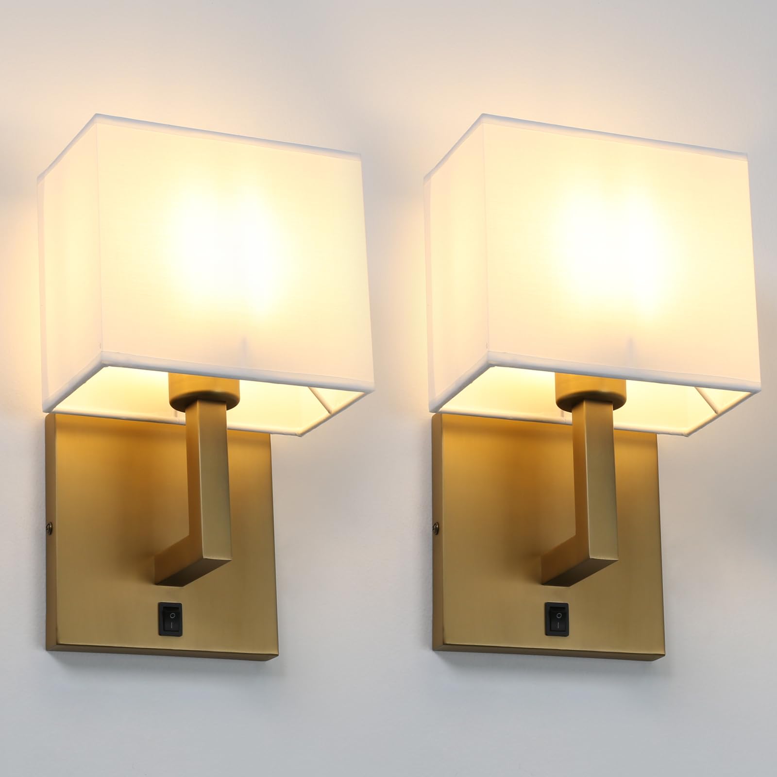 Yosoan Set of 2 Brass Modern Boho Vintage Industrial Wall Sconces with On/Off Switch & Square Fabric Shade - Indoor Vanity Lighting for Bedroom, Living Room, Library, Hallway, Porch - Perfect for Reading Nooks, Dressing Areas & Cozy Ambiance (Antique Finish)
