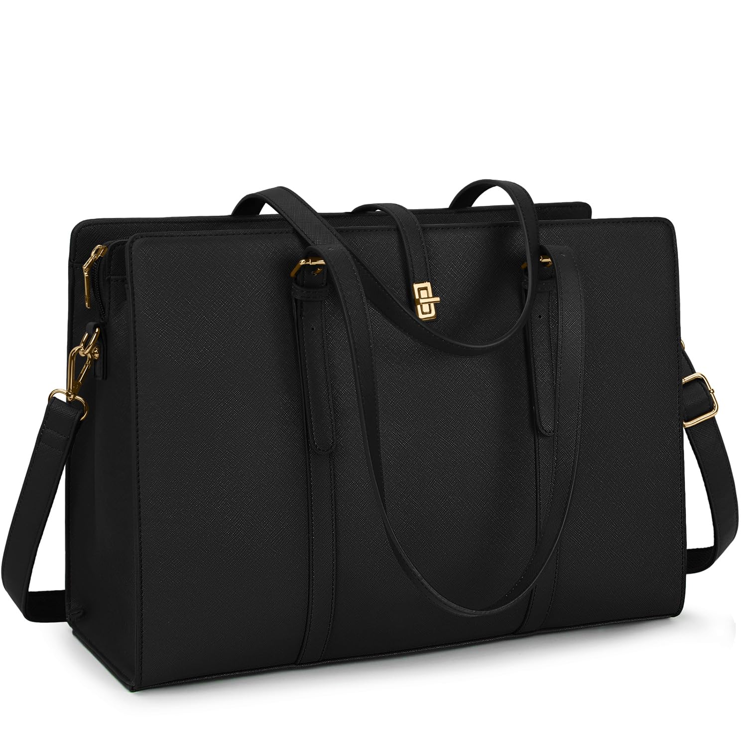 15.6 Inch Leather Laptop Tote Bag for Women - Waterproof Lightweight Professional Business Office Shoulder Bag - Large Travel Handbag for Work, Commute, and Meetings - Black