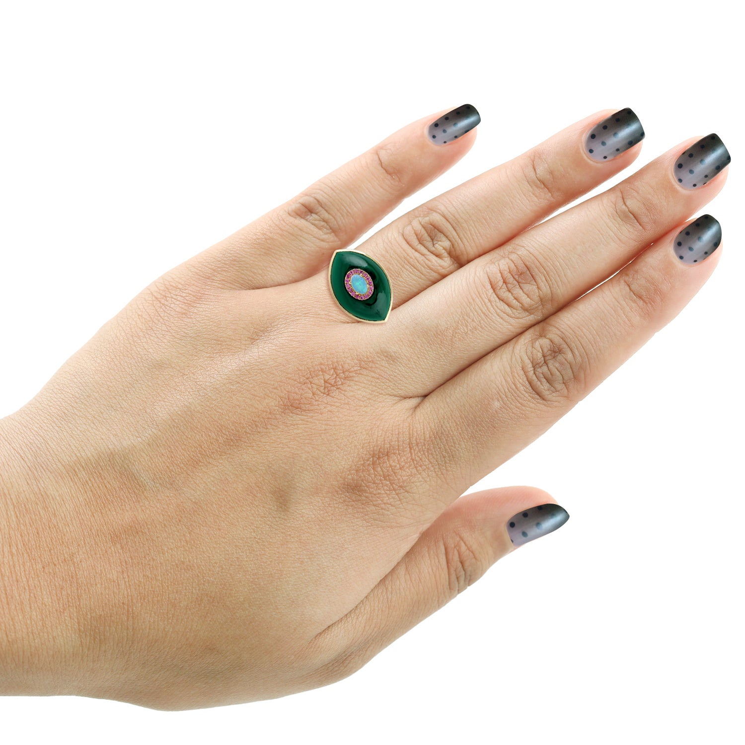 Fancy Cut Malachite Pink Sapphire Prong Set Opal Ethiopian Evil Eye Ring in Gold - Elegant Jewelry for Protection & Style | Perfect for Gifts, Spiritual Healing & Fashion Accessories