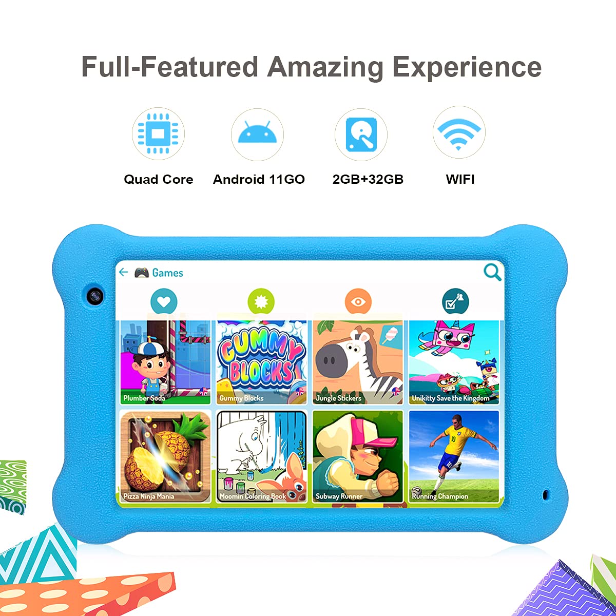 Kids Tablet 7 inch - Android 11 WiFi Learning Tablet for Children with Full HD 1920x1200 IPS Screen, 2GB RAM 32GB Storage, Preloaded Kidoz Educational Games & Apps (Blue) - Perfect for Homeschooling, Travel & Early Learning