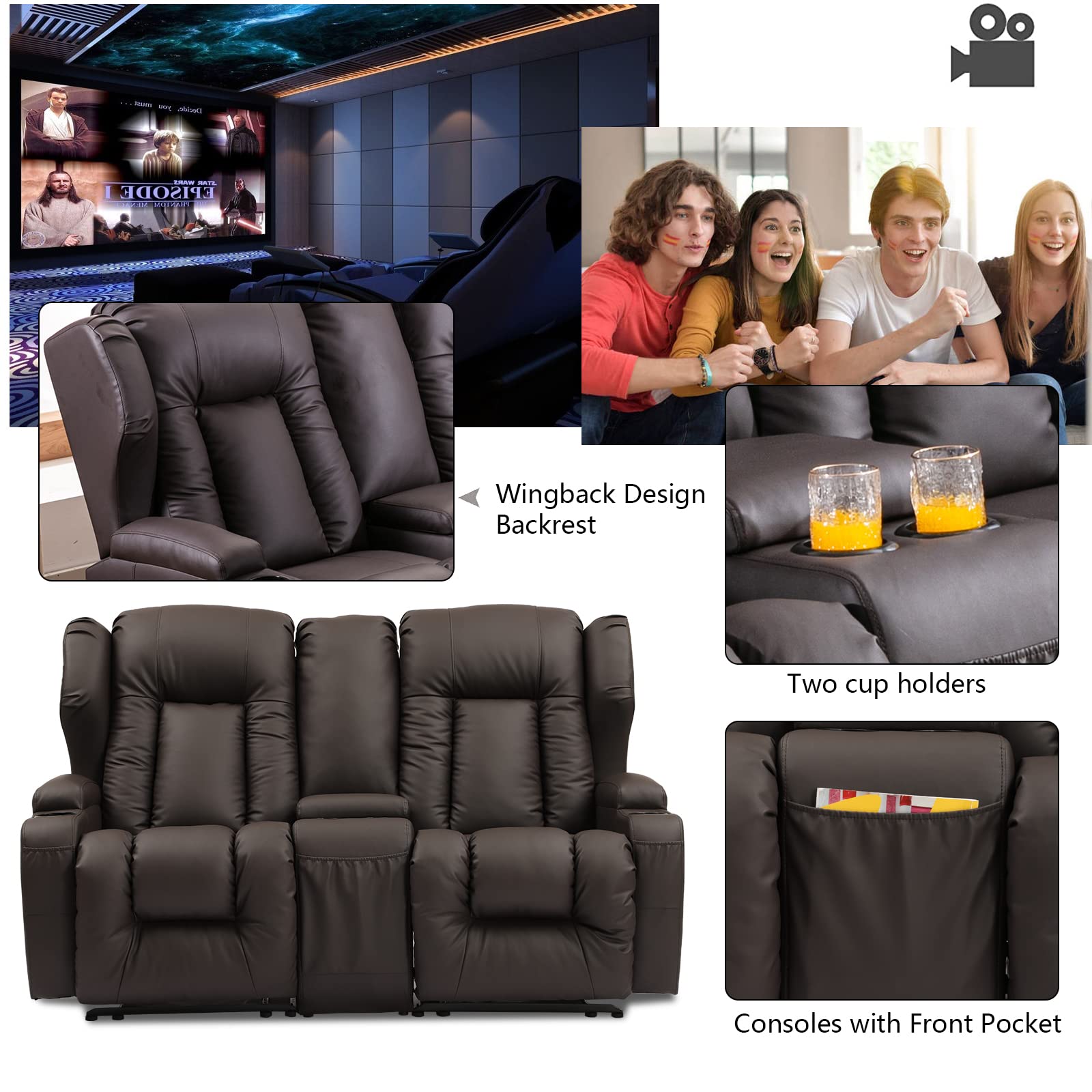 IPKIG 2-Piece Motion Sofa Loveseat Recliner Set with Manual Reclining, Center Console & Cup Holders - Brown Living Room Furniture for Home Theater, Office & Family Room