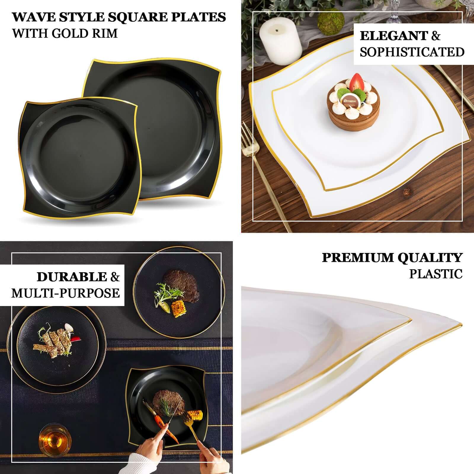 10 Pack Black Plastic Square Dinner Plates with Gold Wavy Rim - Elegant Disposable Party Plates for Weddings, Birthdays & Special Events