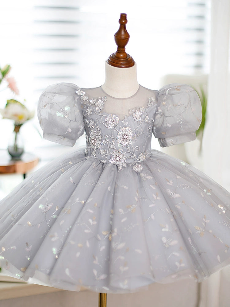 Elegant Grey Organza Flower Girl Dress - Princess Round Tea-Length for Weddings & Special Occasions