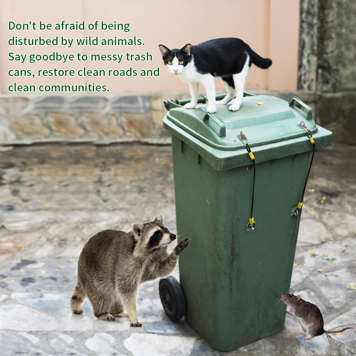 **Animal-Proof Trash Can Lid Lock - Durable Metal Garbage Can Lock with Rubber Coated Braided Wire Rope (2 Pack) - Secure Outdoor Trash Bins from Raccoons, Dogs & Pests**