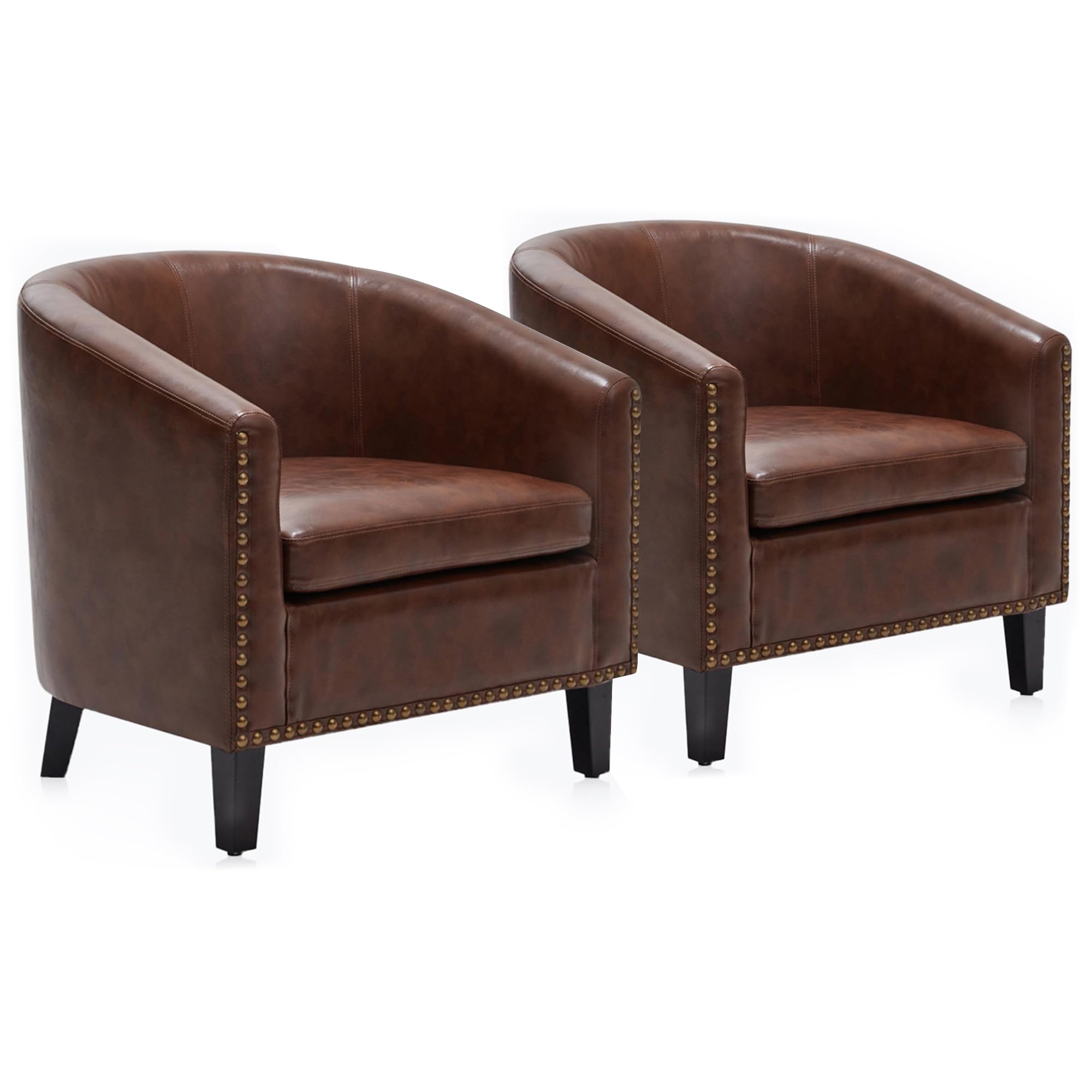 BELLEZE Modern Accent Barrel Chairs Set of 2 - Faux Leather Upholstered Tub Club Chairs with Gold Nail Head Trim & Black Legs for Living Room, Lounge, Bedroom - Kyara Brown (Perfect for Reading Nook, Coffee Corner or Cozy Conversation Area)