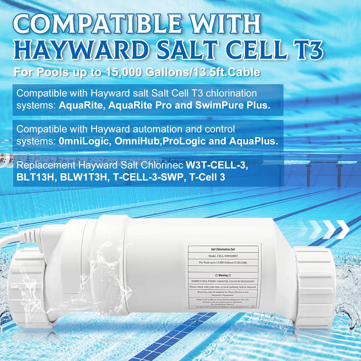 Hayward T-Cell-3 Compatible Salt Chlorine Generator | 15,000 Gallon Pool Salt Cell Replacement | In-Ground Swimming Pool Chlorination System | Perfect for Backyard Pool Maintenance & Water Sanitation