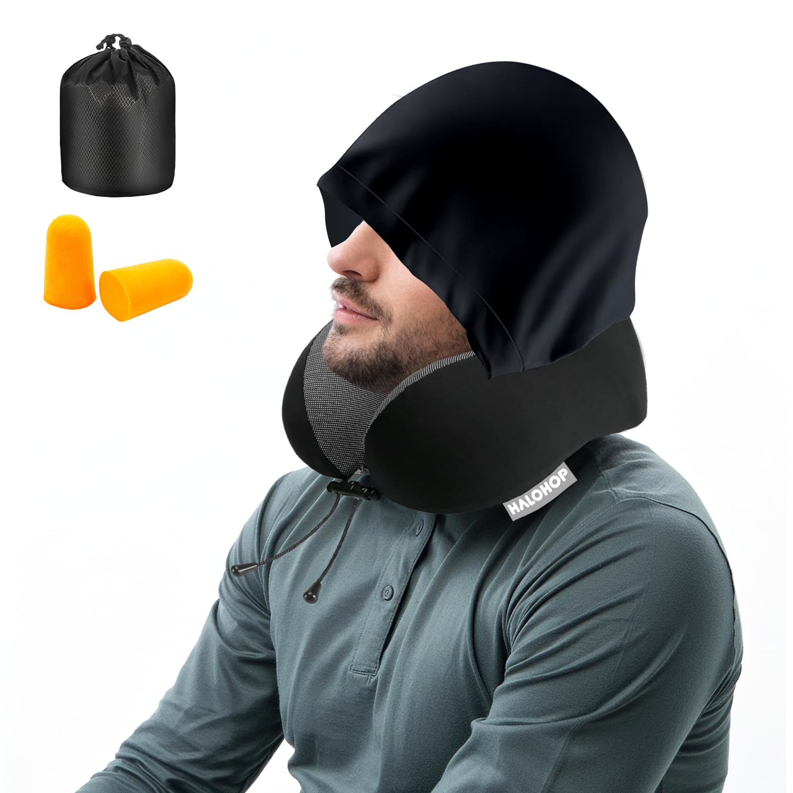 Halohop Hooded Neck Pillow for Airplane Travel - 100% Pure Memory Foam Neck Support Pillow for Flights, Cars & Office - Relieves Neck Pain, Machine Washable & Portable - Perfect for Long Flights, Road Trips & Work Breaks